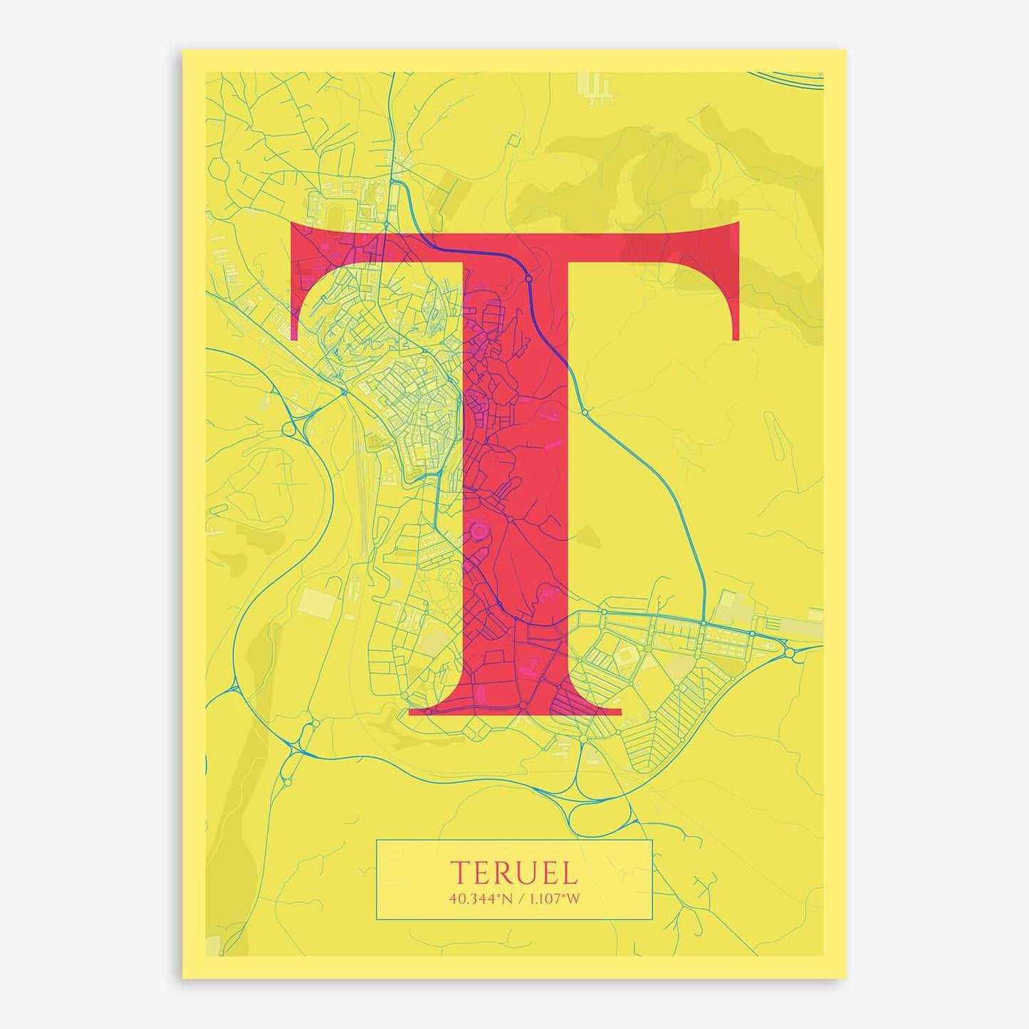 The map of Teruel composed with letters in serif font printed on yellow and fuchsia