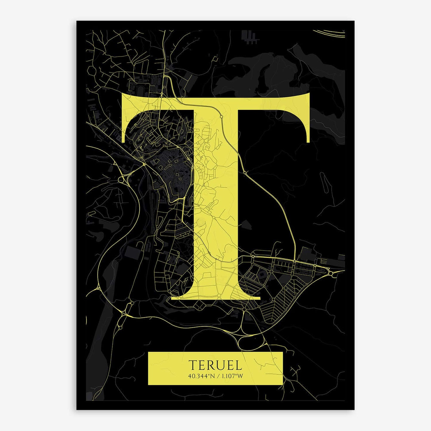 The map of Teruel composed with letters in serif font printed on black and yellow