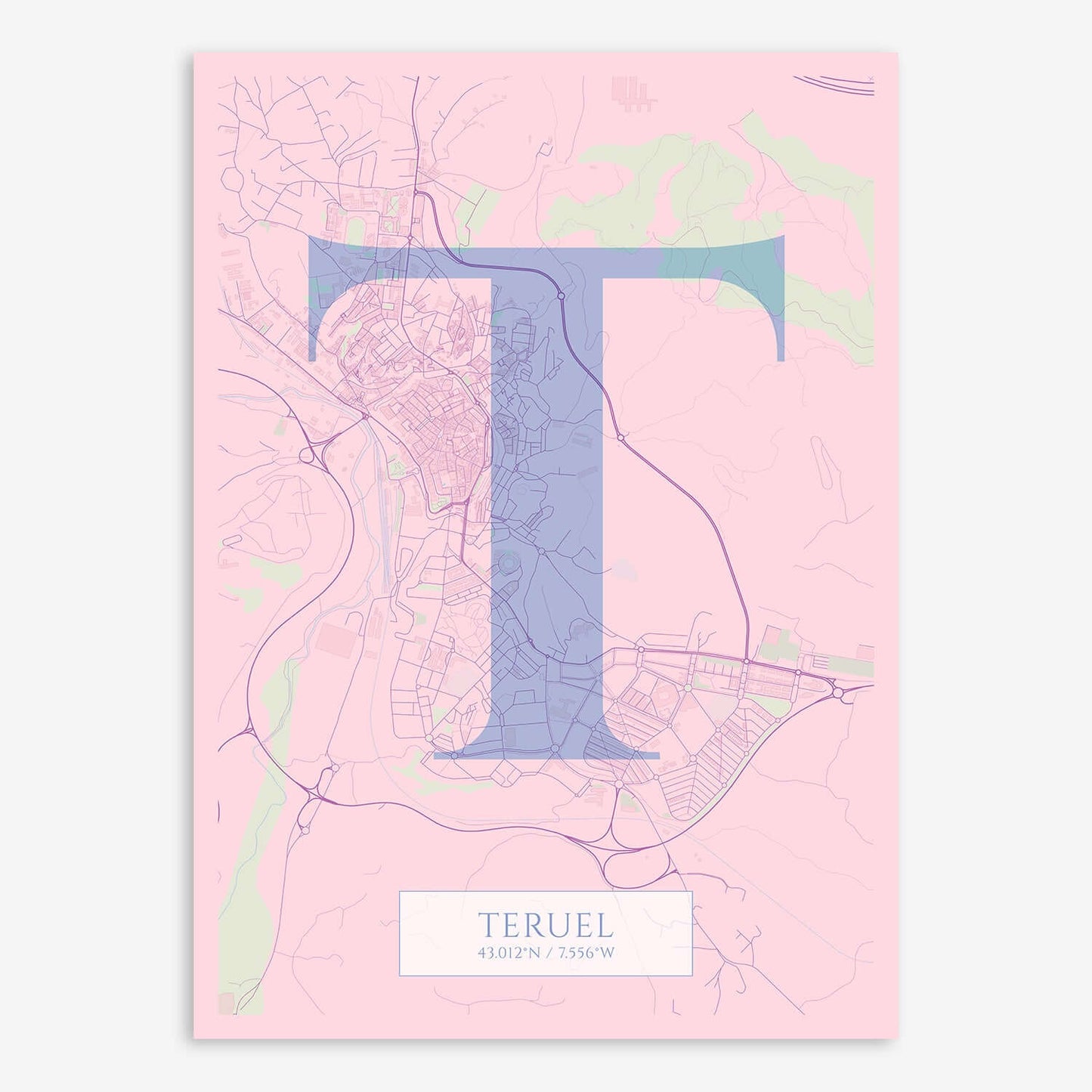 The map of Teruel composed with letters in serif font printed on pink and light blue