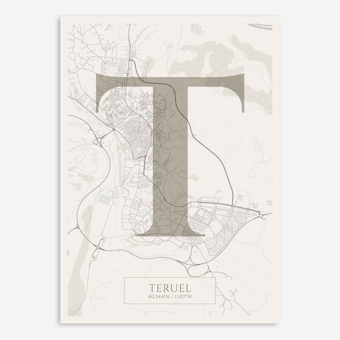 The map of Teruel composed with letters in serif font printed on light brown and an off-white background