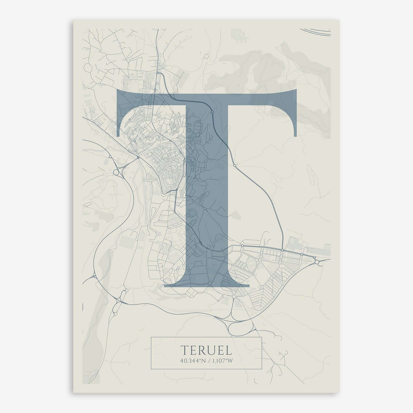 The map of Teruel composed with letters in serif font printed on bluish gray and an off-white background