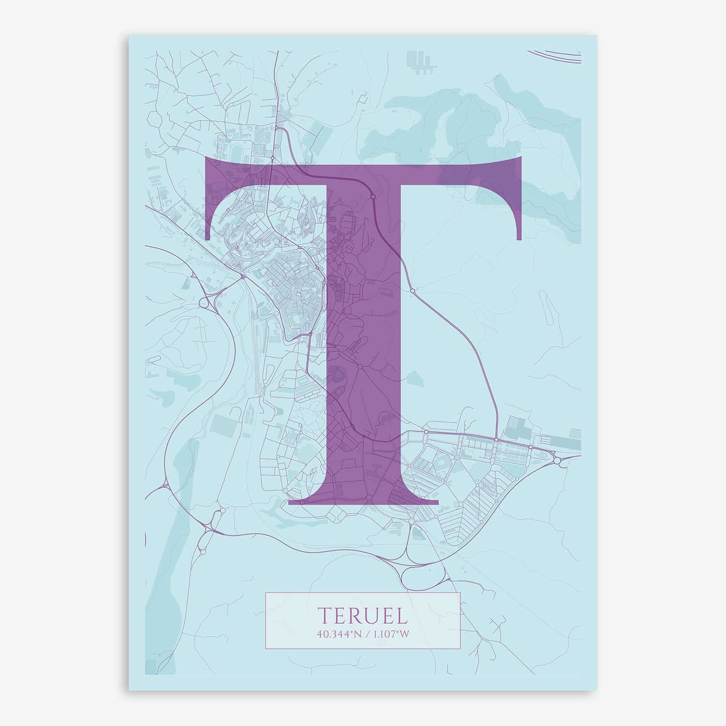 The map of Teruel composed with letters in serif font printed on purple and light blue