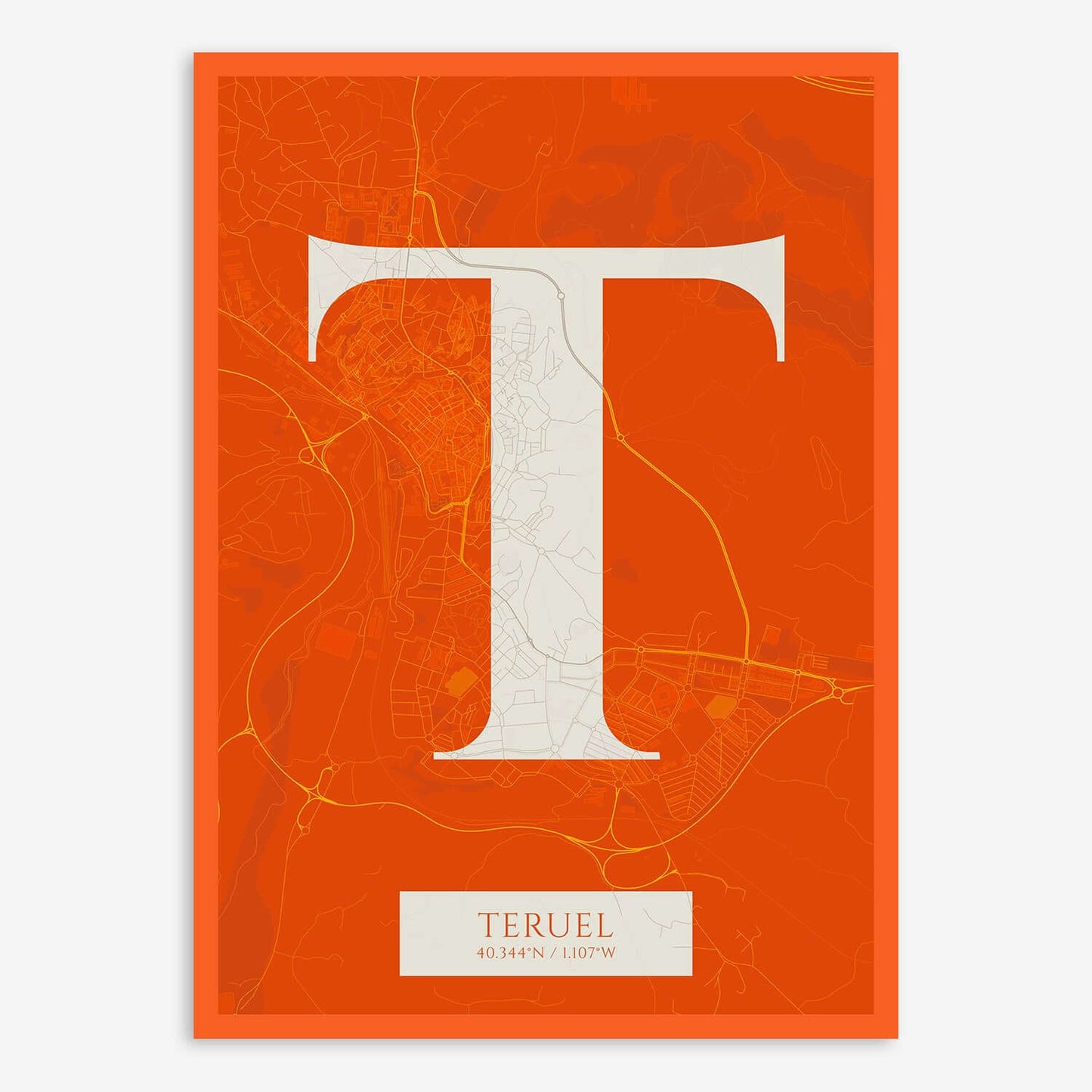 The map of Teruel composed with letters in serif font printed on orange and an off-white background