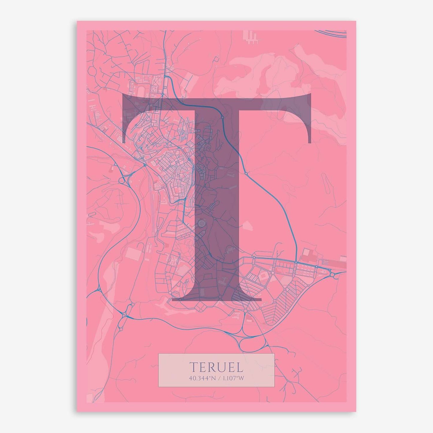 The map of Teruel composed with letters in serif font printed on violet y pink background