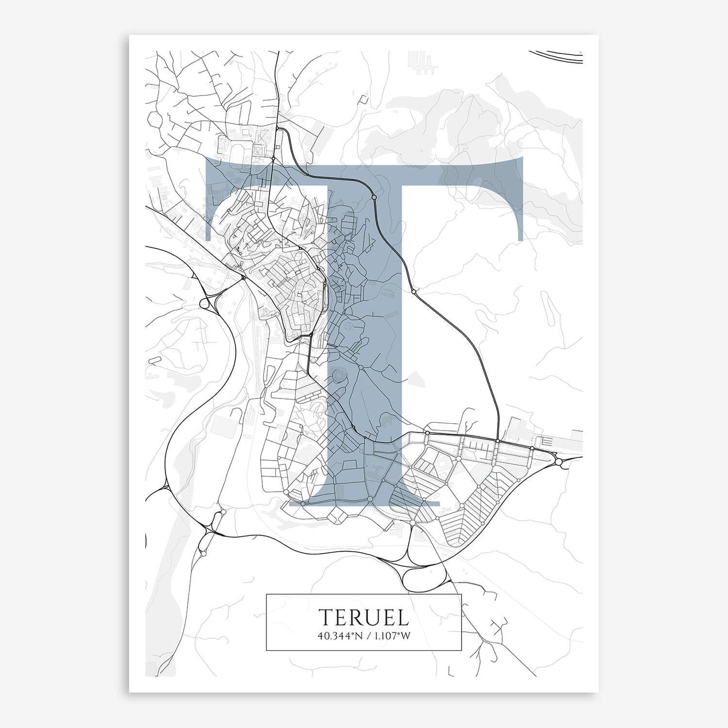 The map of Teruel composed with letters in serif font printed on black and white