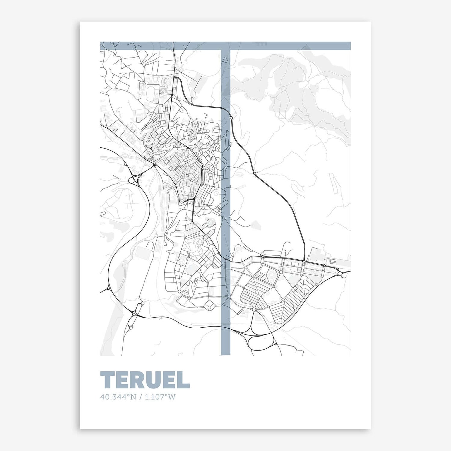 The map of Teruel composed with letters in extra light font printed on black and white