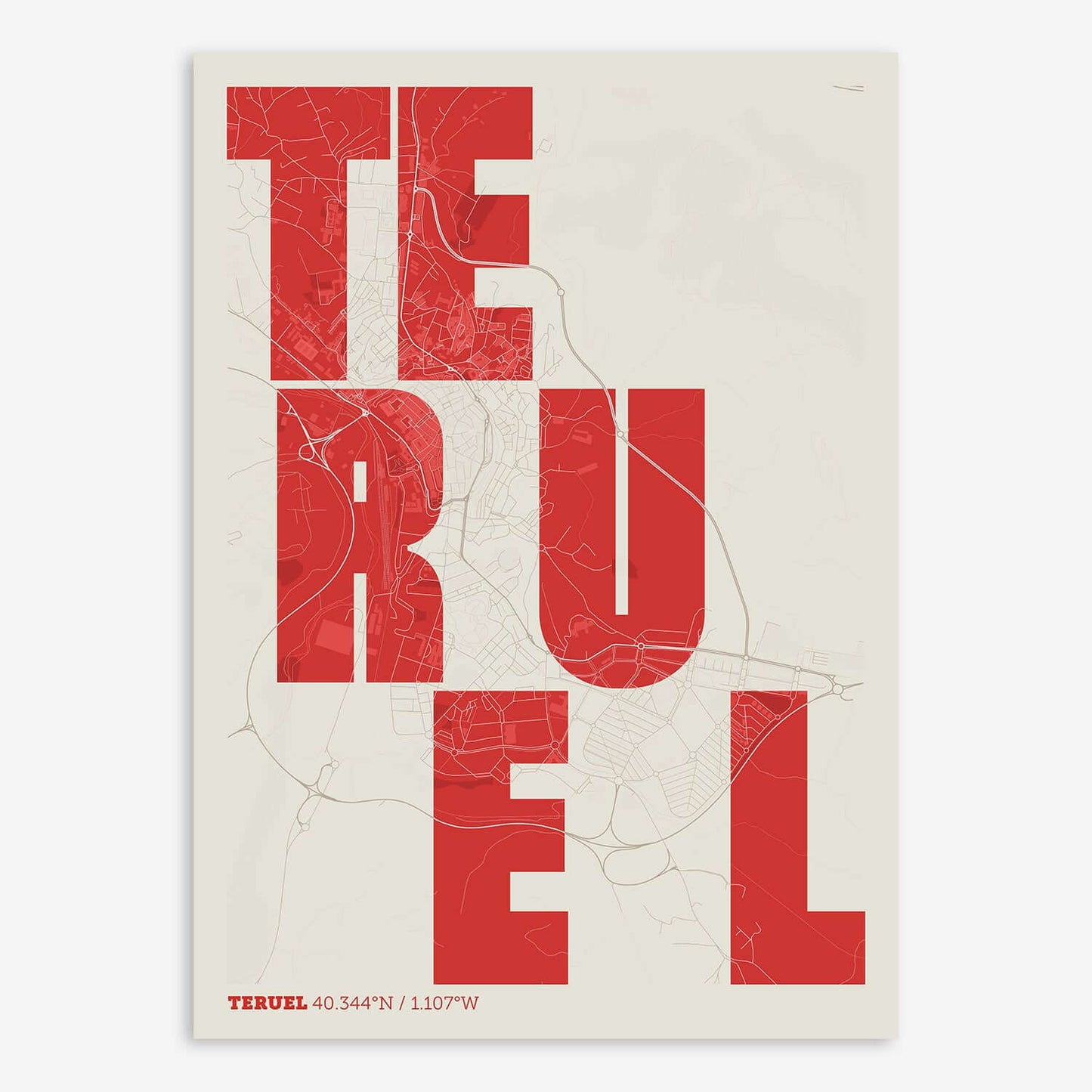 The map of Teruel with letters of its name placed randomly, designed in red and an off-white background