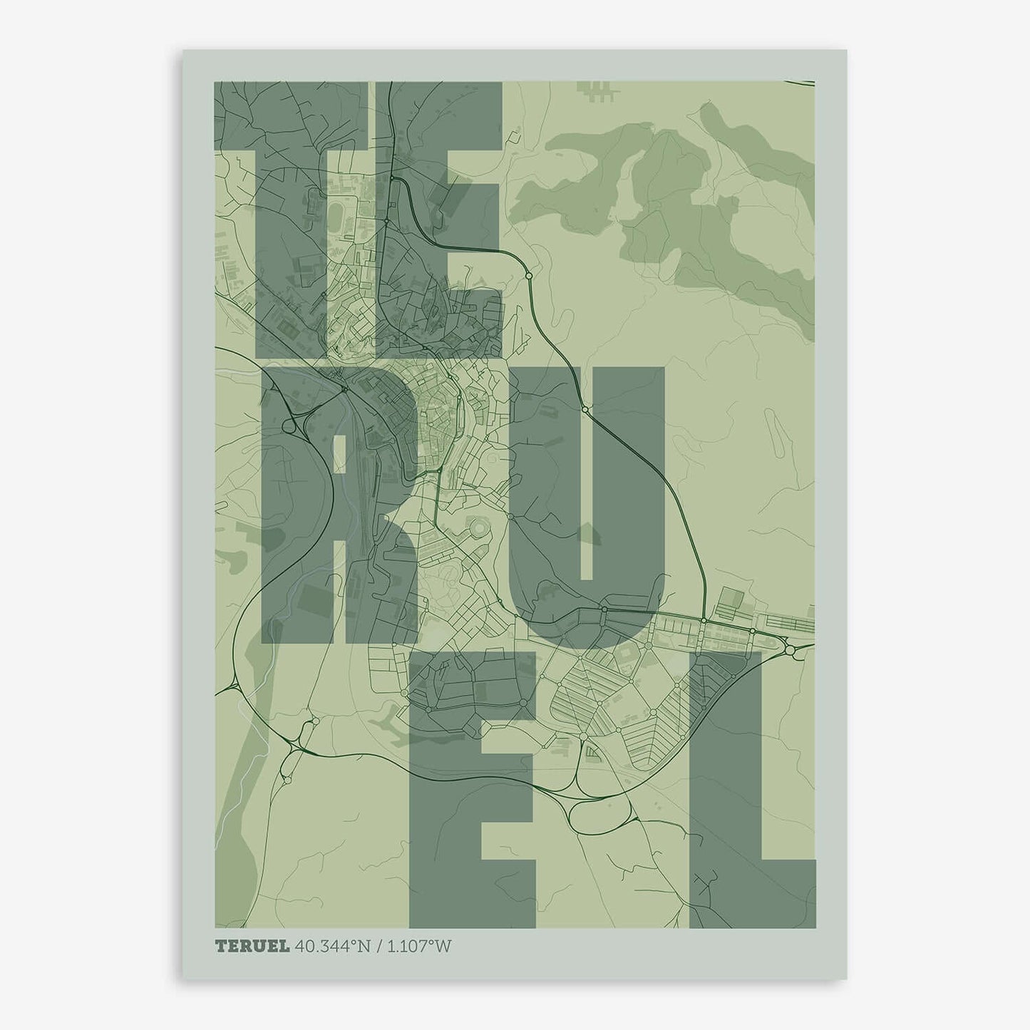 The map of Teruel with letters of its name placed randomly, designed in two green tones
