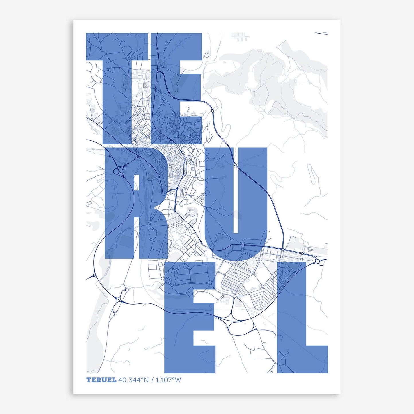 The map of Teruel with letters of its name placed randomly, designed in navy blue and white