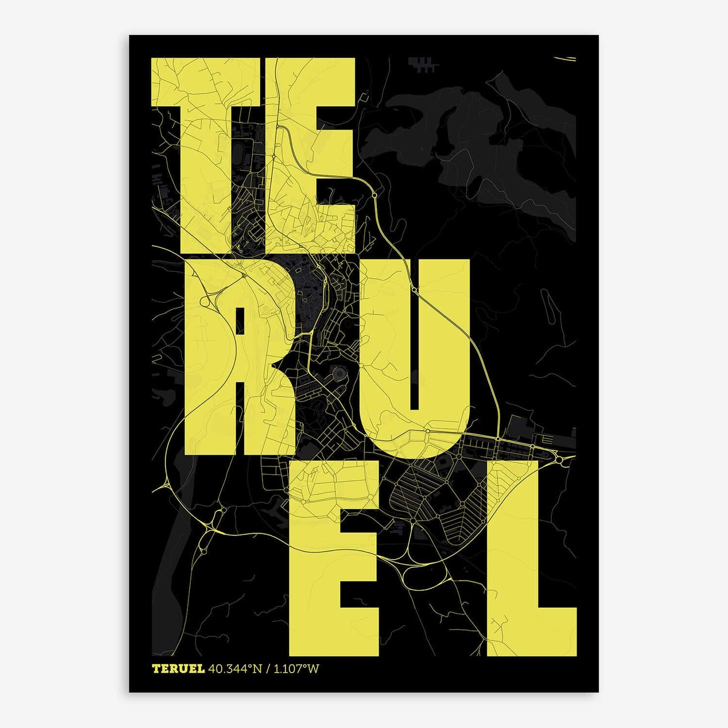 The map of Teruel with letters of its name placed randomly, designed in black and yellow