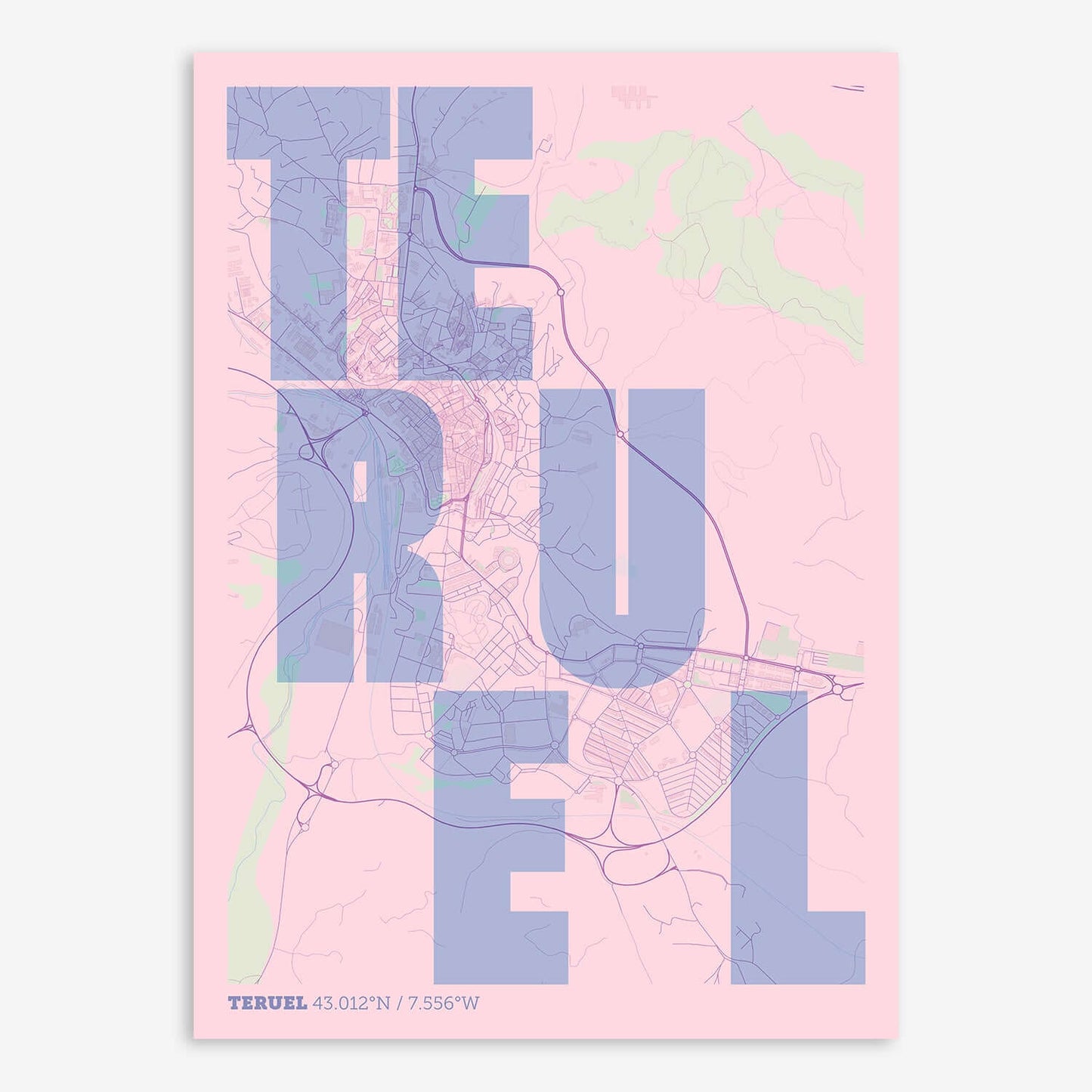 The map of Teruel with letters of its name placed randomly, designed in pink and light blue