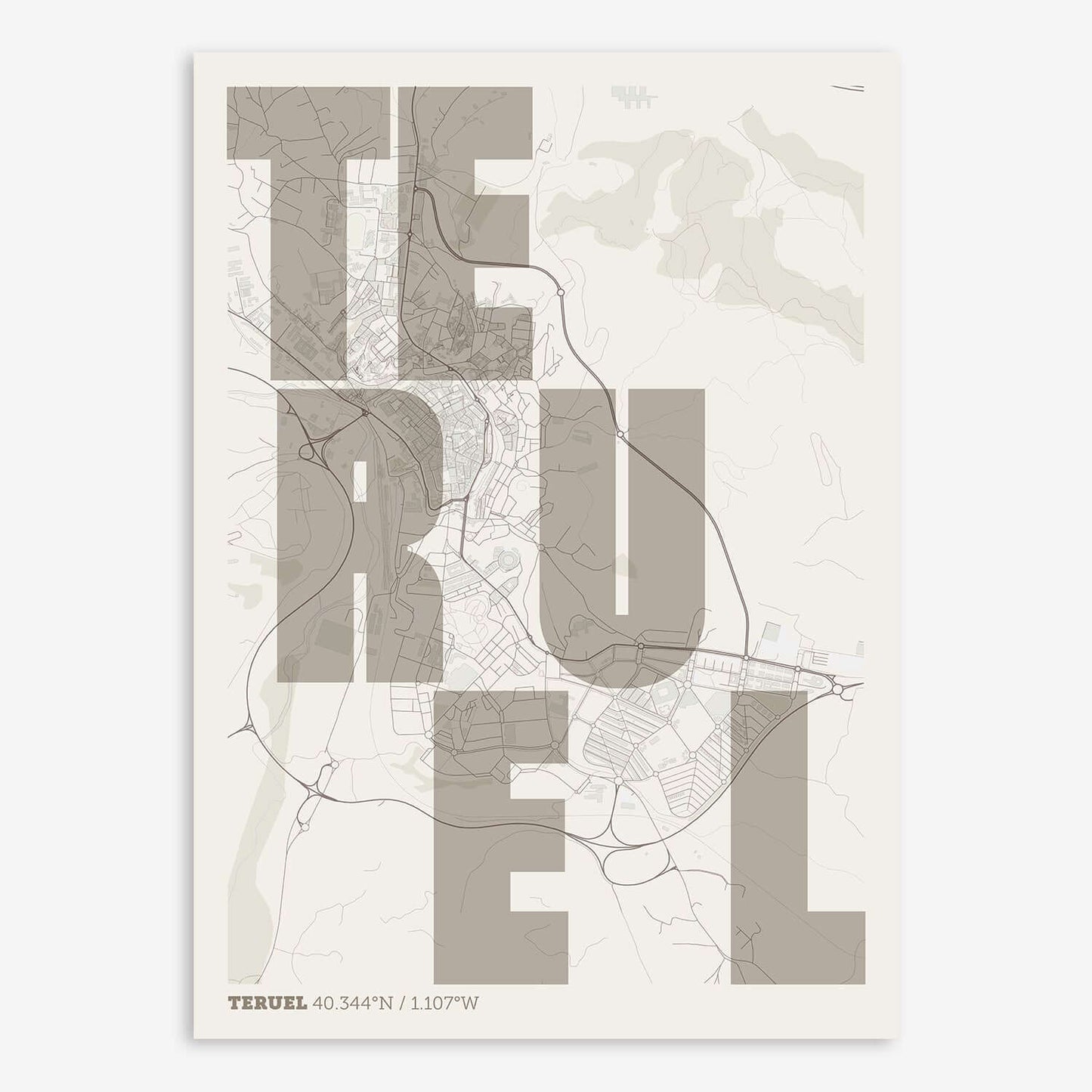 The map of Teruel with letters of its name placed randomly, designed in light brown and an off-white background