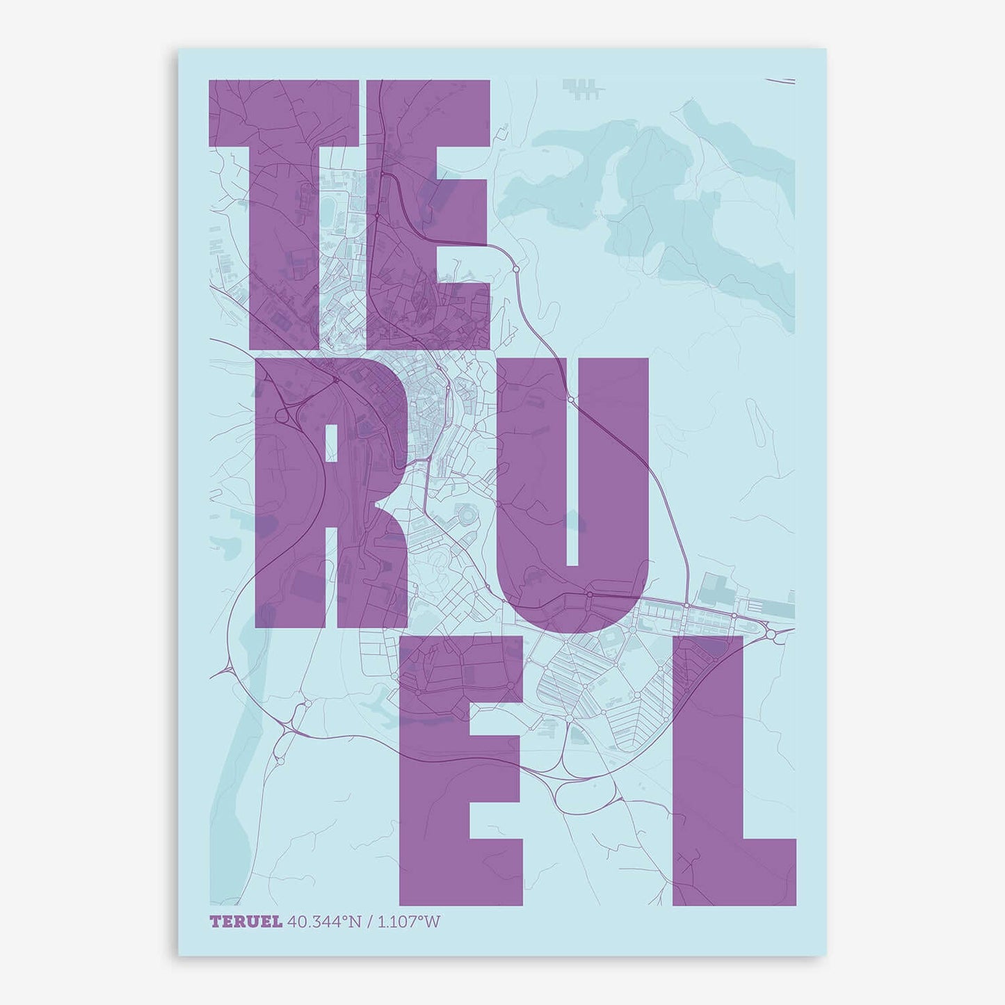 The map of Teruel with letters of its name placed randomly, designed in purple and light blue