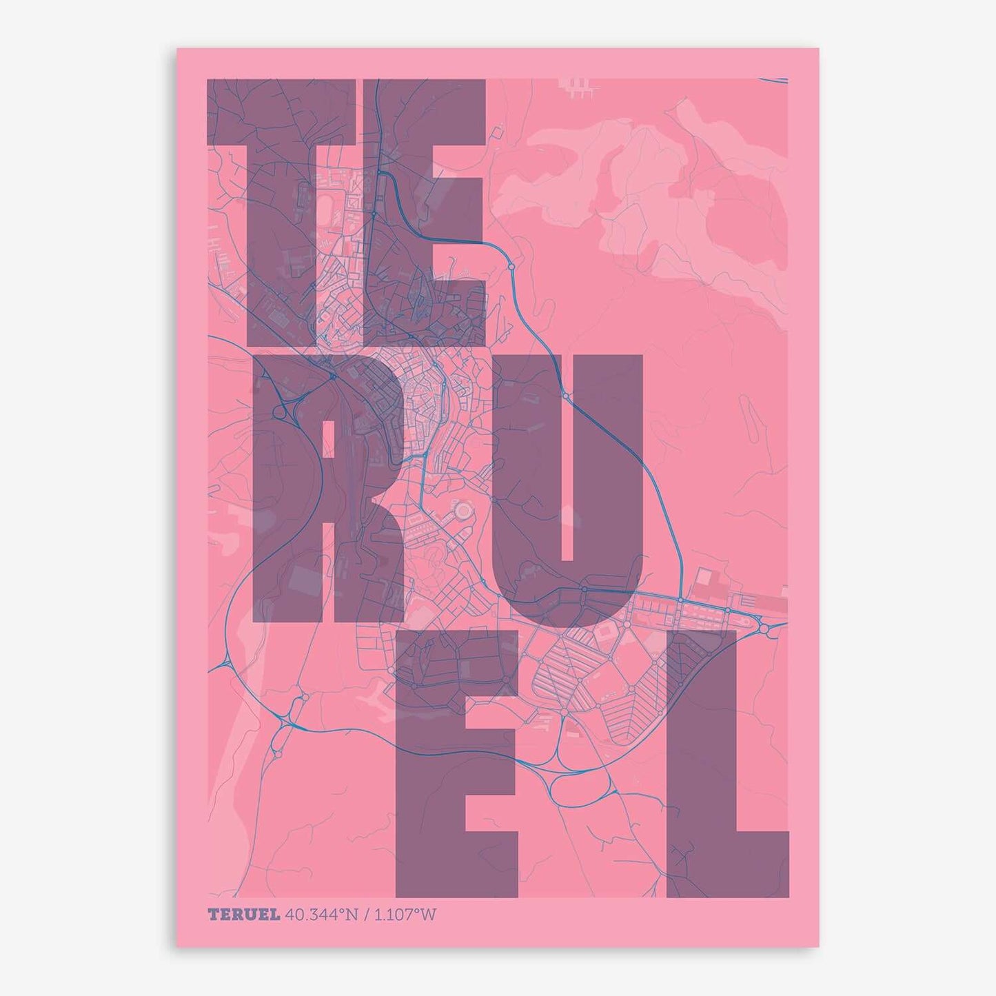 The map of Teruel with letters of its name placed randomly, designed in violet y pink background