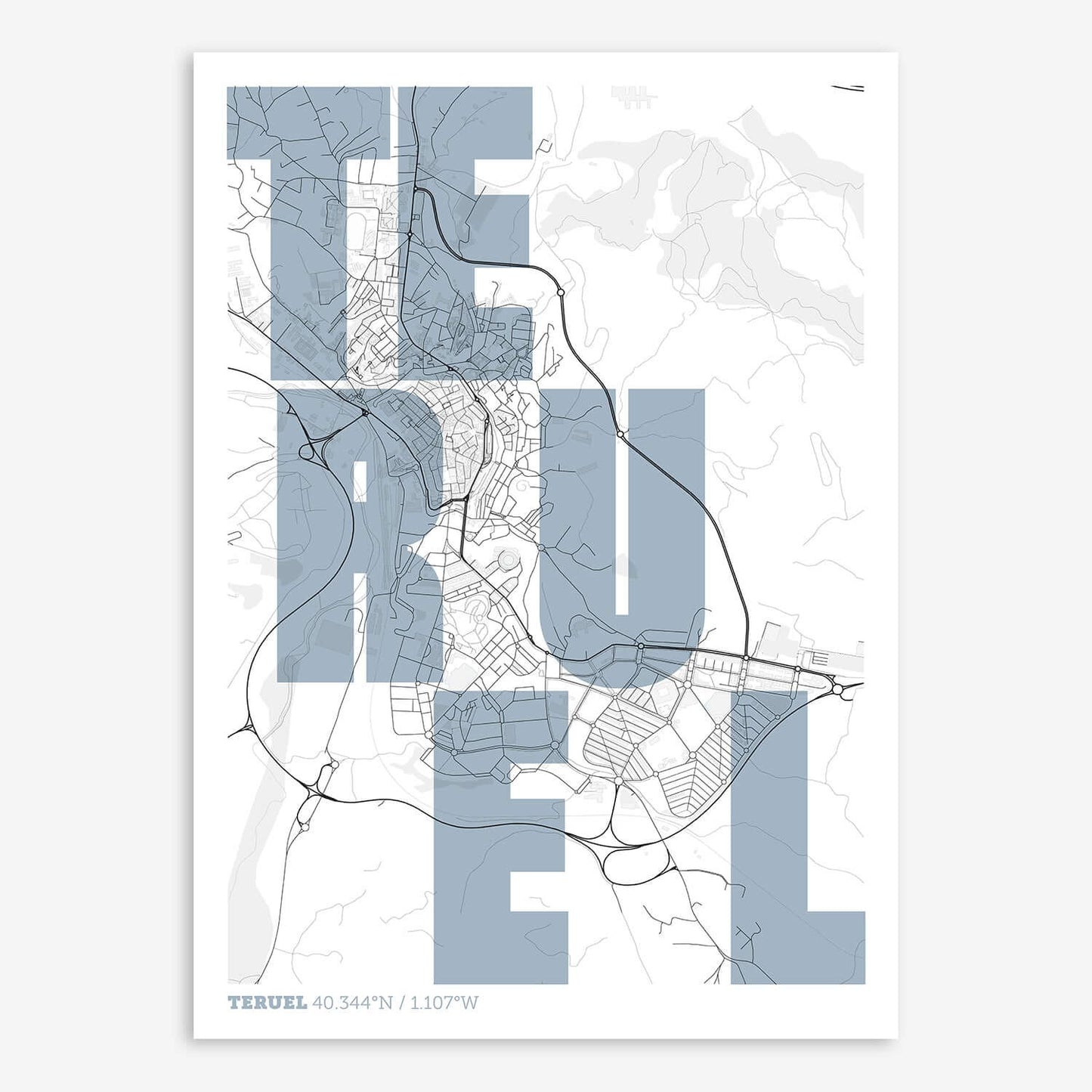 The map of Teruel with letters of its name placed randomly, designed in black and white