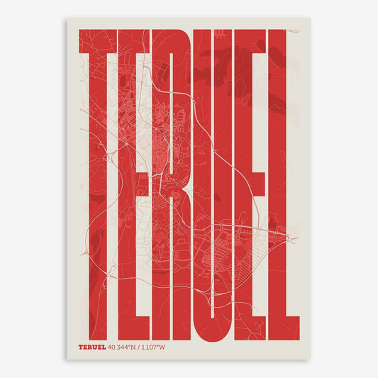 The map of Teruel and letters of its name in a giclée print designed in red and an off-white background