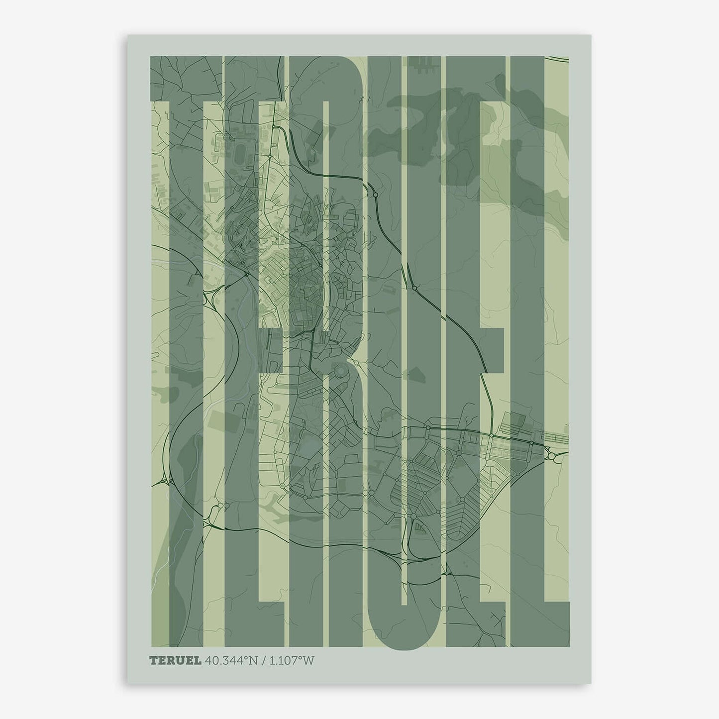 The map of Teruel and letters of its name in a giclée print designed in two green tones