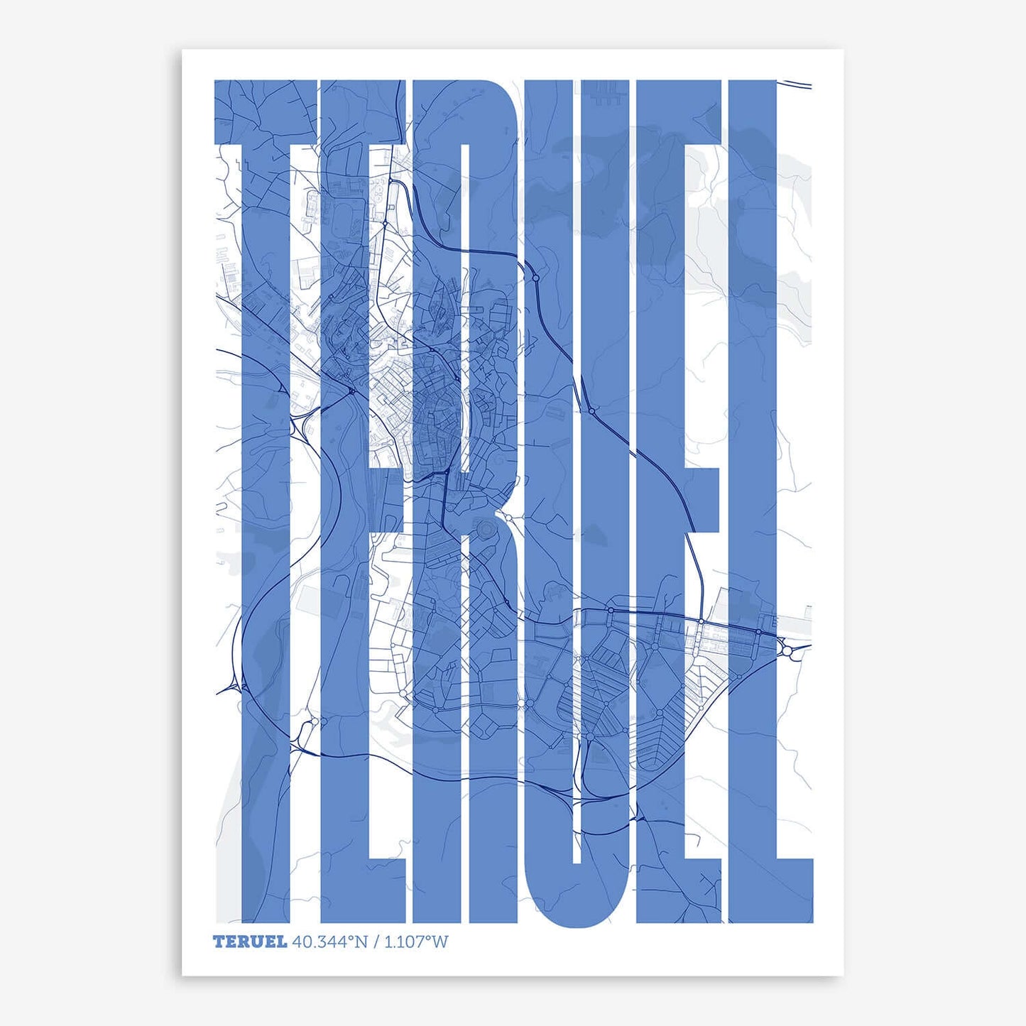The map of Teruel and letters of its name in a giclée print designed in navy blue and white