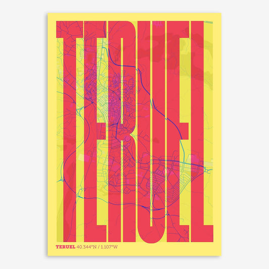 The map of Teruel and letters of its name in a giclée print designed in yellow and fuchsia
