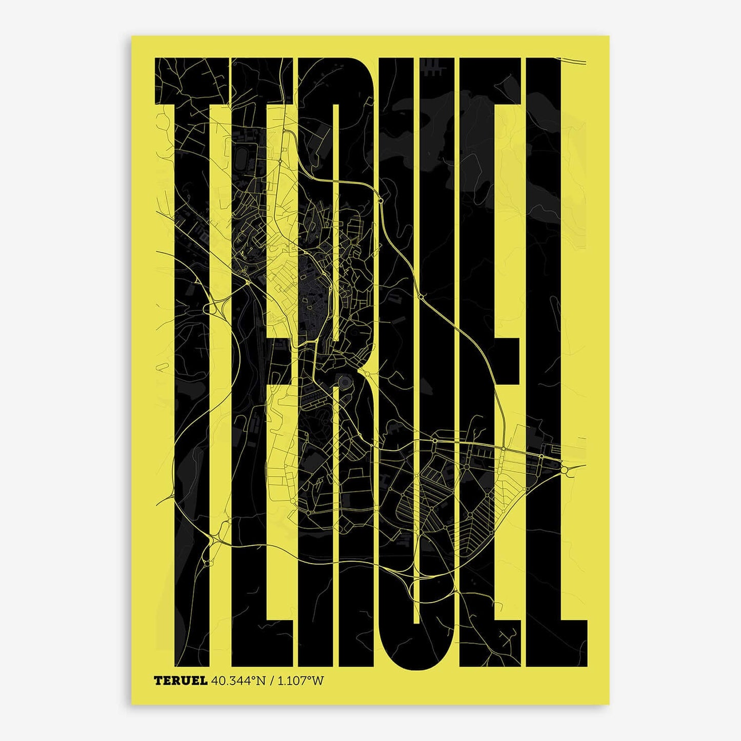 The map of Teruel and letters of its name in a giclée print designed in black and yellow