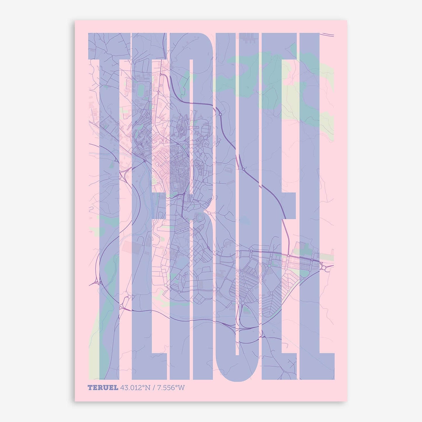 The map of Teruel and letters of its name in a giclée print designed in pink and light blue