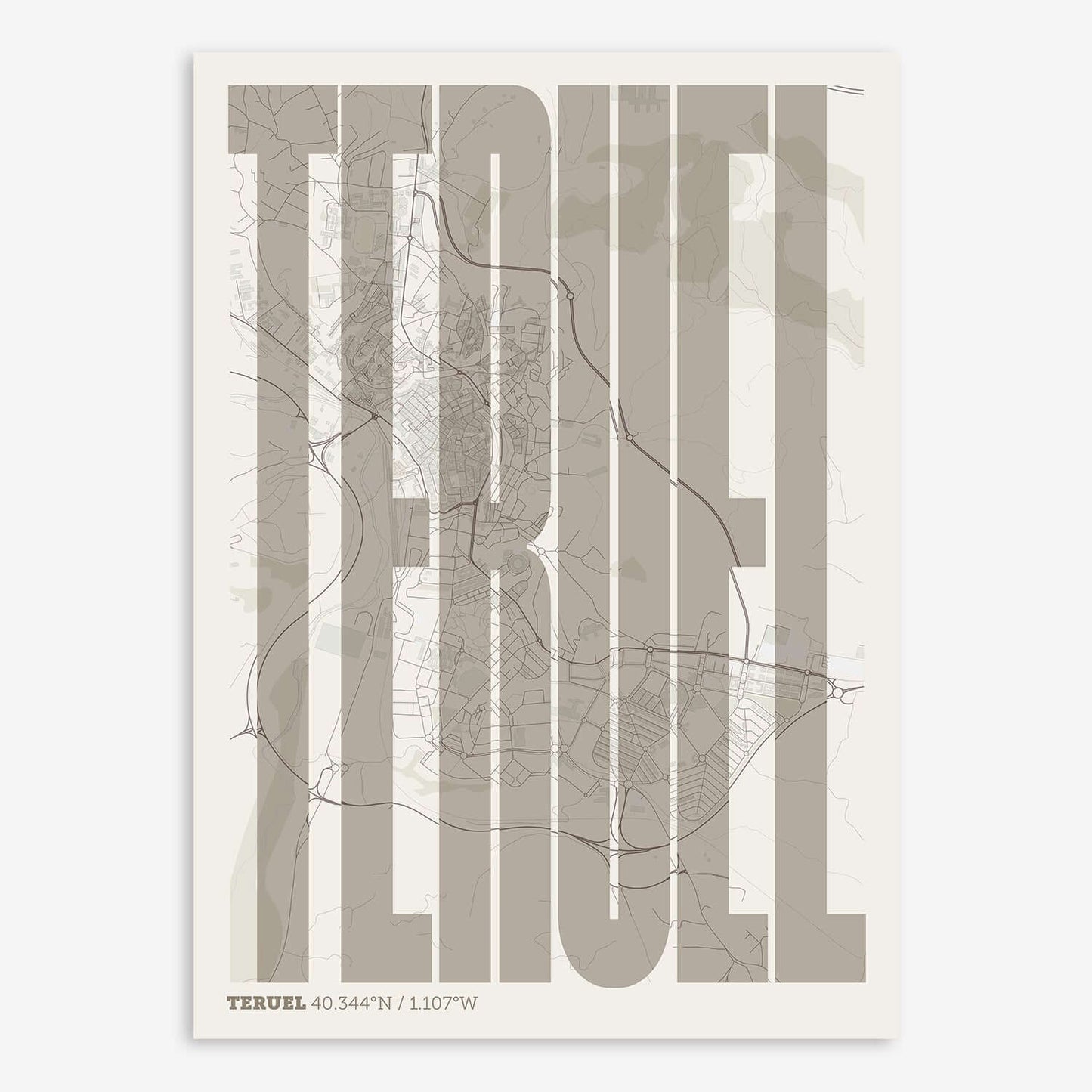 The map of Teruel and letters of its name in a giclée print designed in light brown and an off-white background