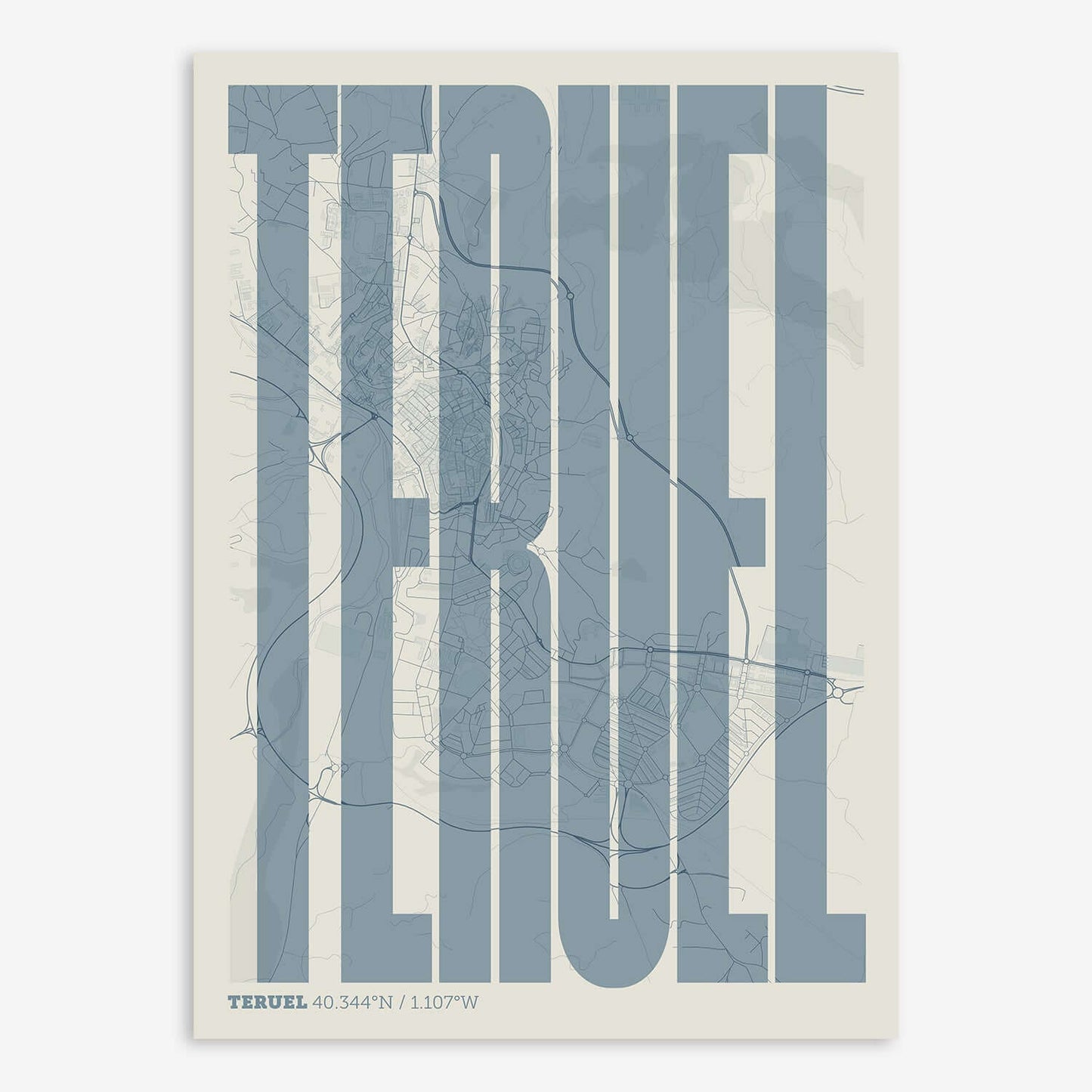 The map of Teruel and letters of its name in a giclée print designed in bluish gray and an off-white background