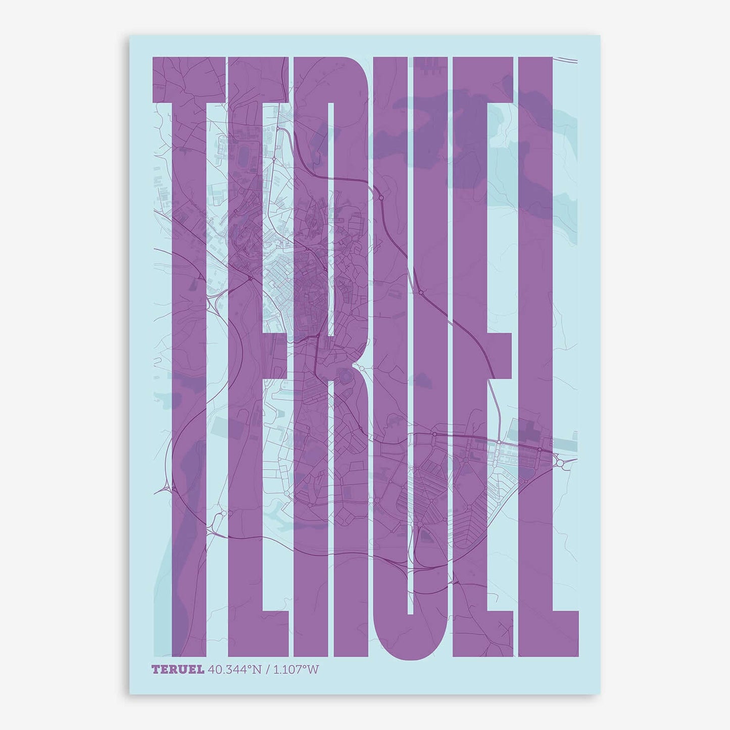 The map of Teruel and letters of its name in a giclée print designed in purple and light blue
