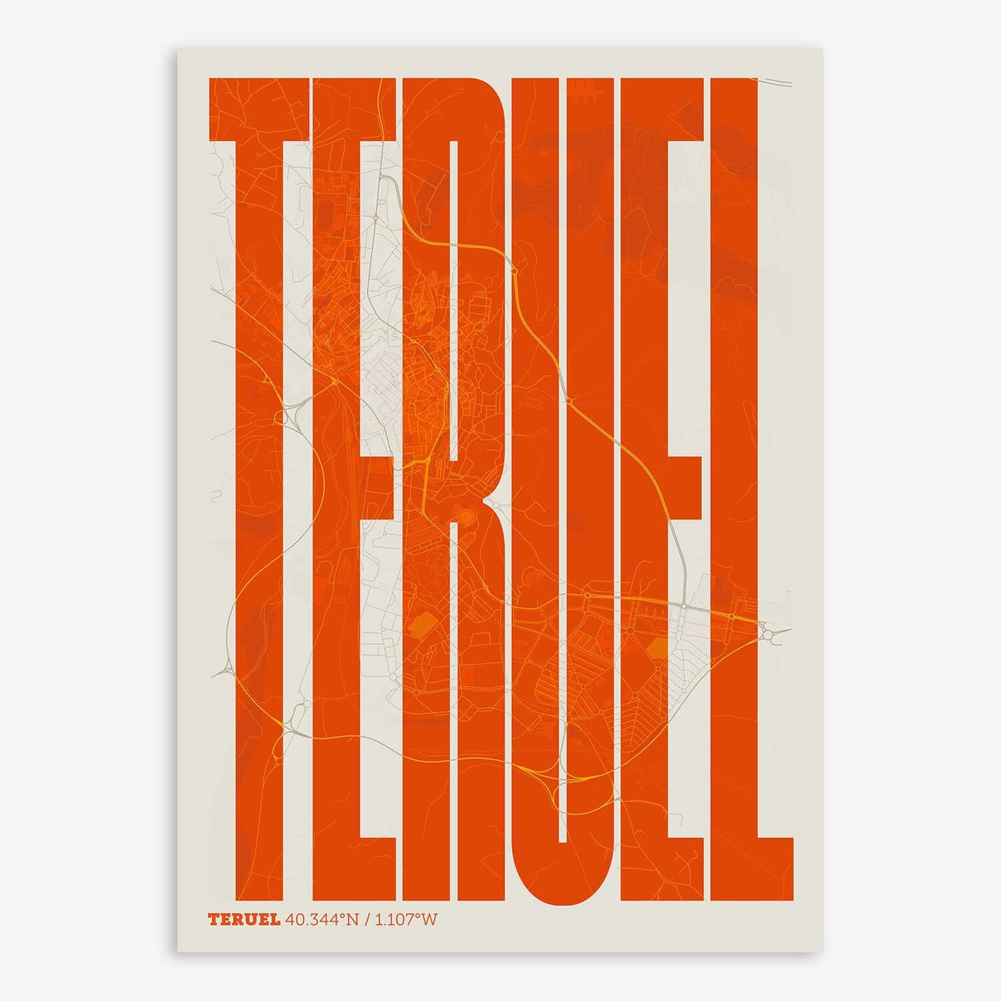 The map of Teruel and letters of its name in a giclée print designed in orange and an off-white background