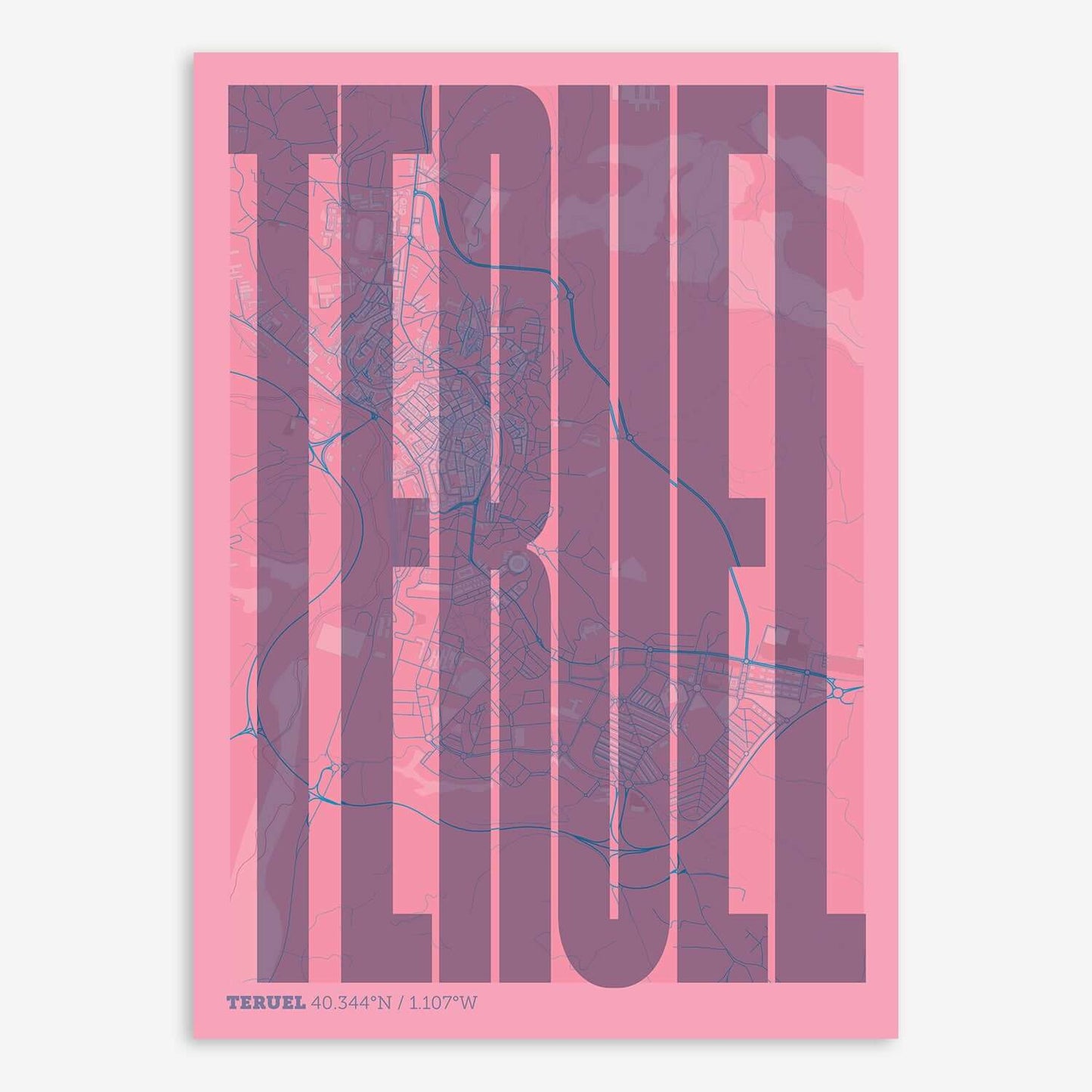 The map of Teruel and letters of its name in a giclée print designed in violet y pink background