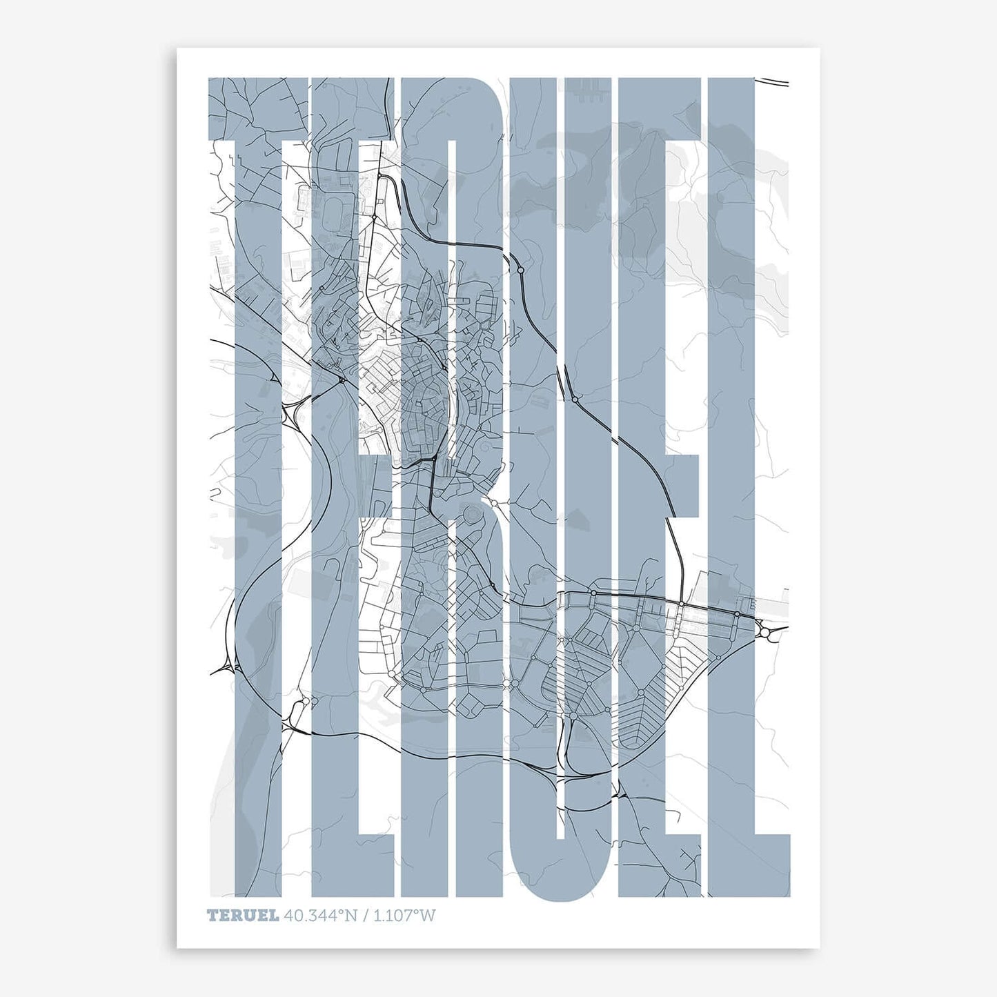 The map of Teruel and letters of its name in a giclée print designed in black and white