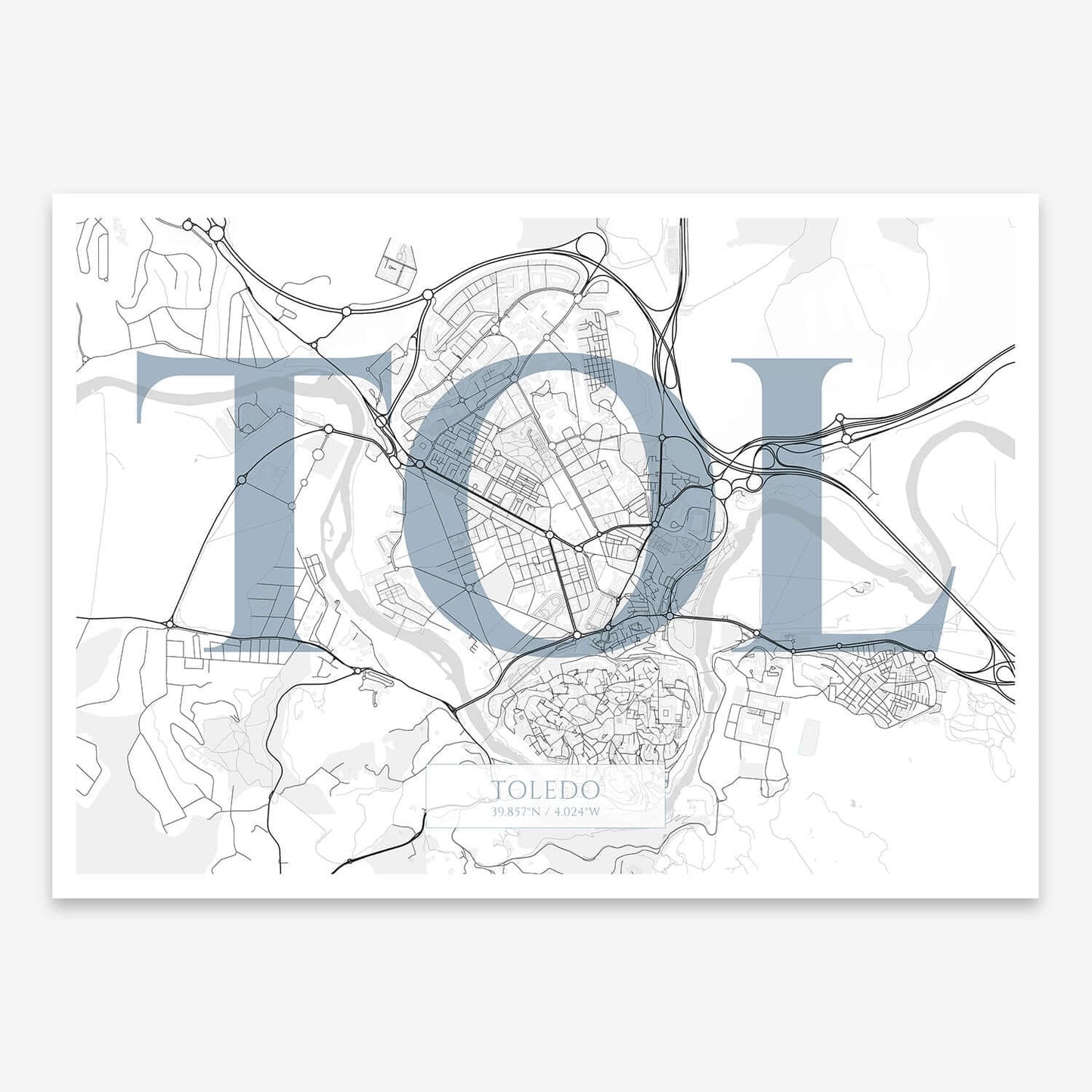 The map of Toledo composed with letters in serif font printed on black and white