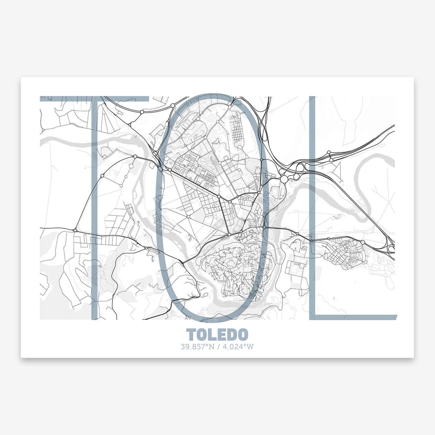The map of Toledo composed with letters in extra light font printed on black and white