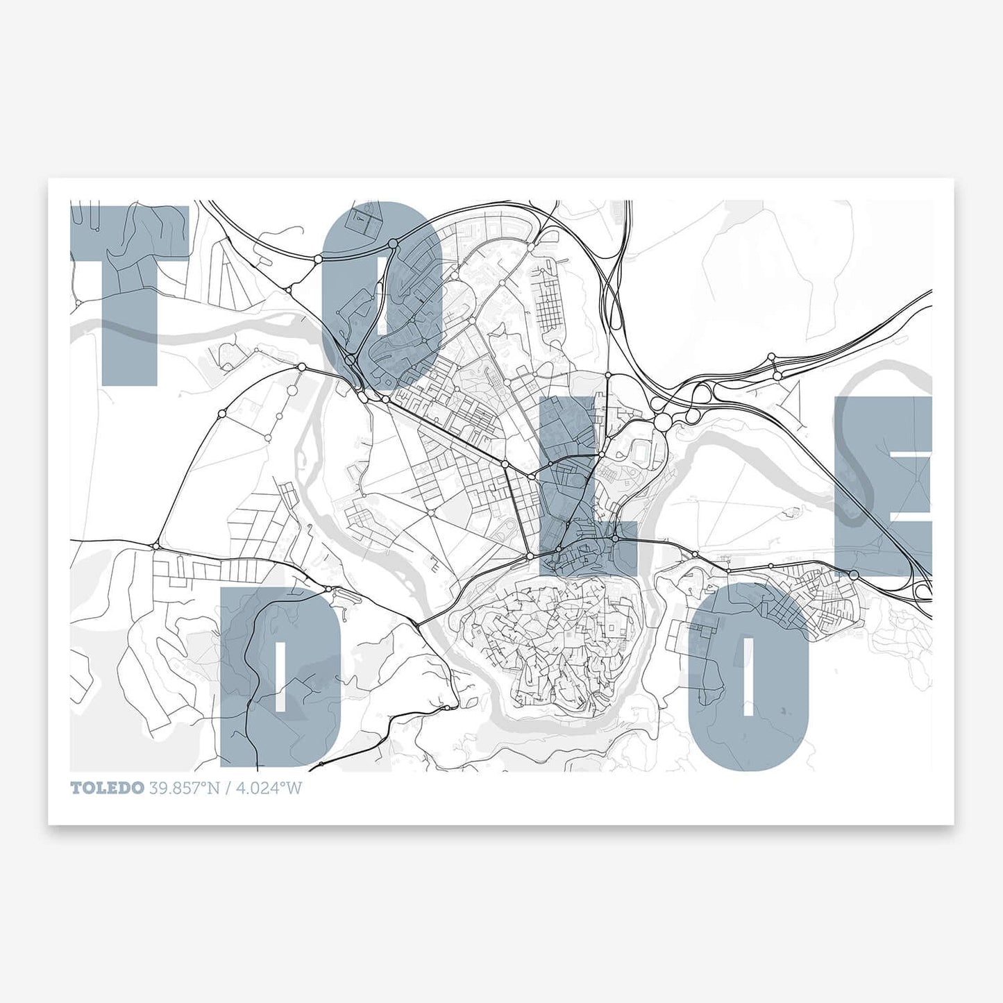 The map of Toledo with letters of its name placed randomly, designed in black and white