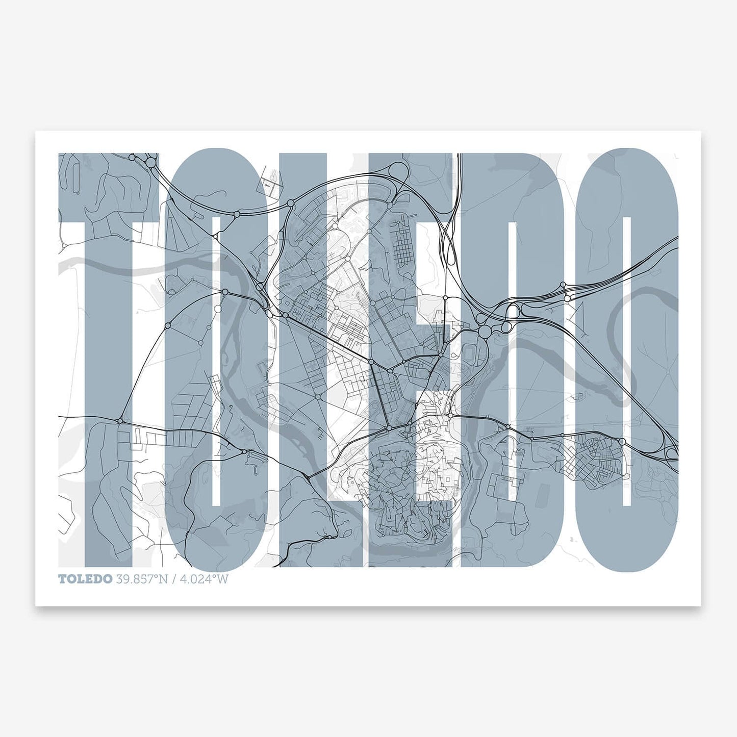 The map of Toledo and letters of its name in a giclée print designed in black and white