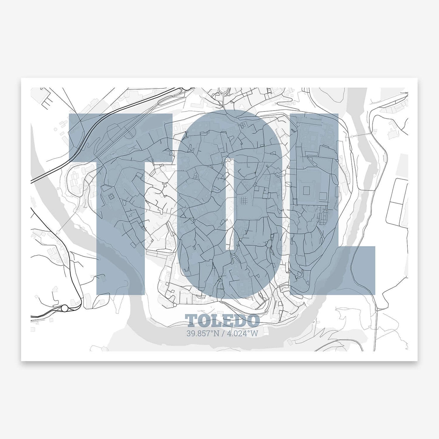 The map of Toledo-Downtown composed with letters in a heavy geometric font printed on black and white