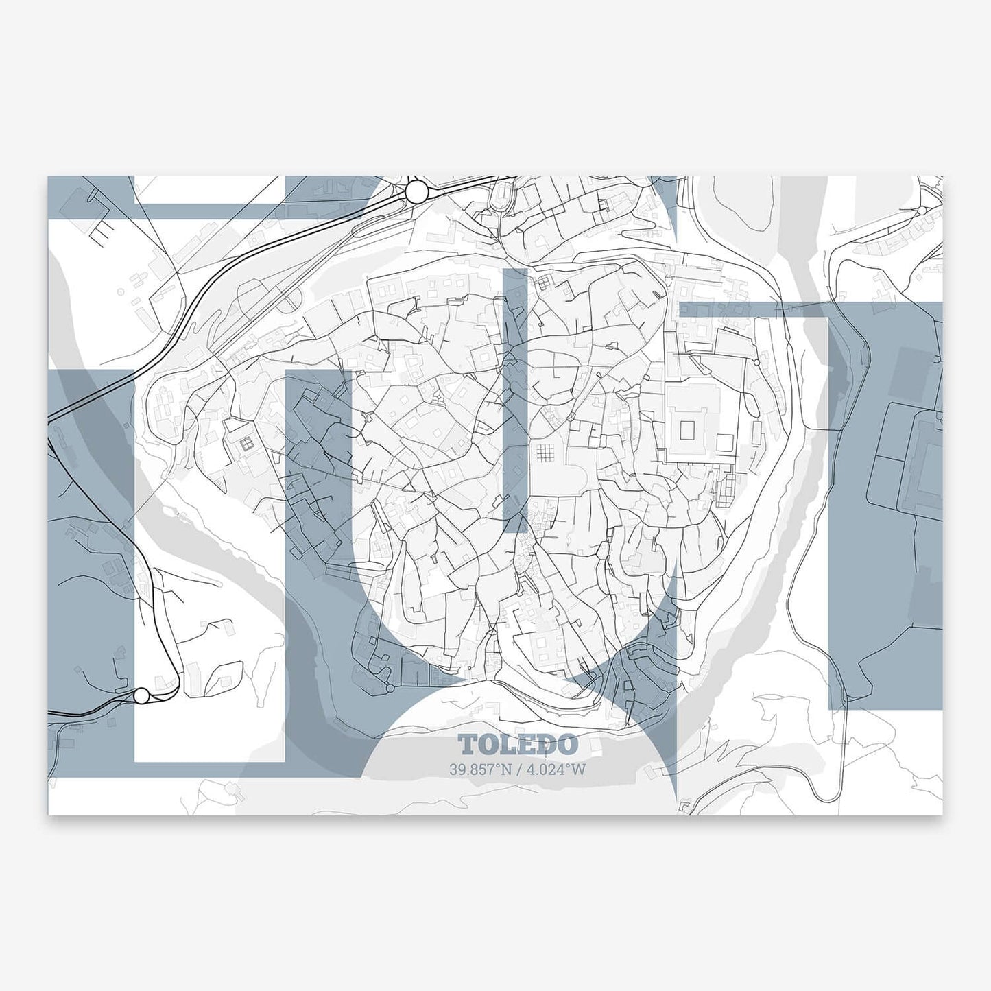 The map of Toledo-Downtown composed with letters from its name or IATA code printed on black and white