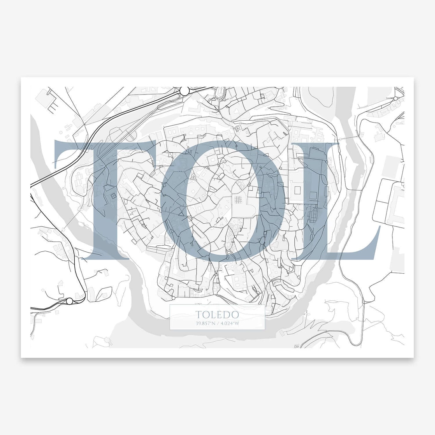 The map of Toledo-Downtown composed with letters in serif font printed on black and white