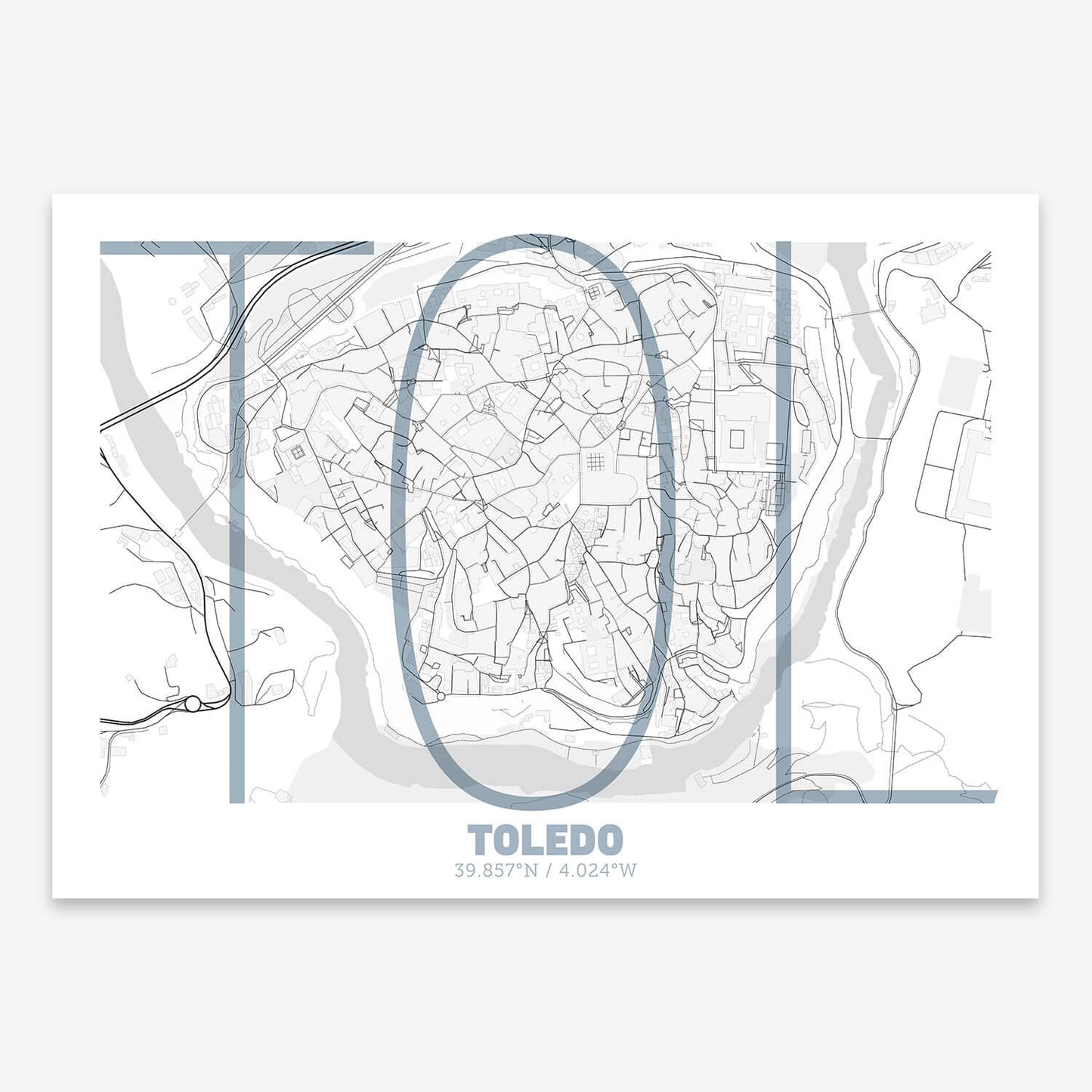 The map of Toledo-Downtown composed with letters in extra light font printed on black and white