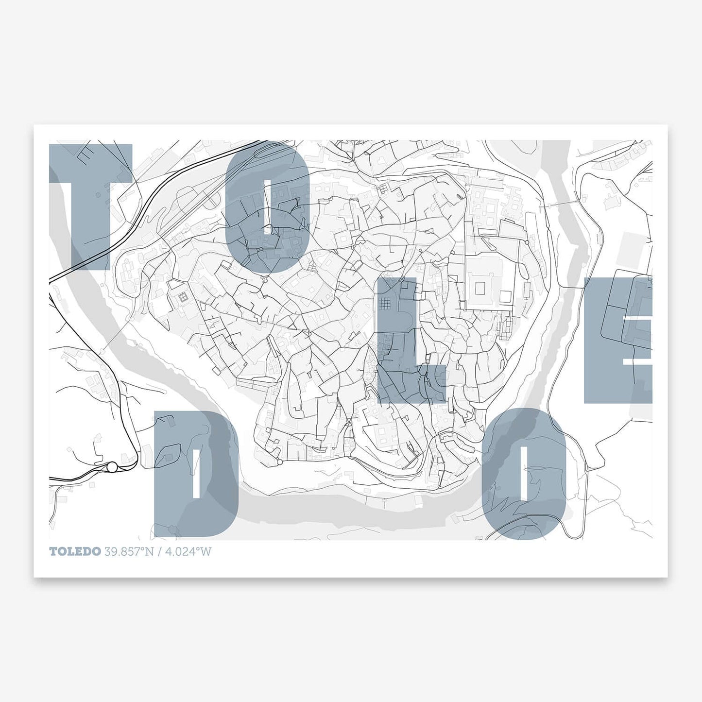 The map of Toledo-Downtown with letters of its name placed randomly, designed in black and white