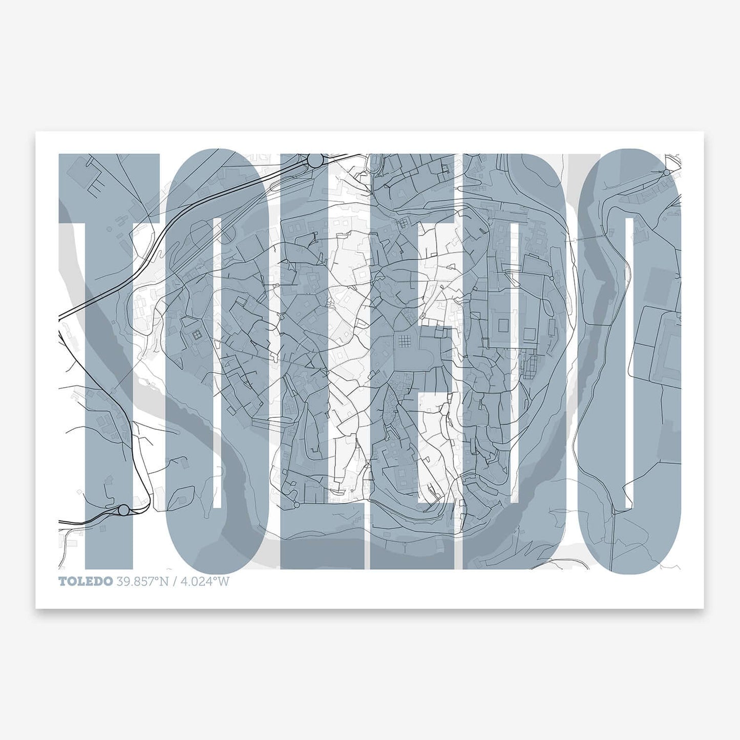 The map of Toledo-Downtown and letters of its name in a giclée print designed in black and white