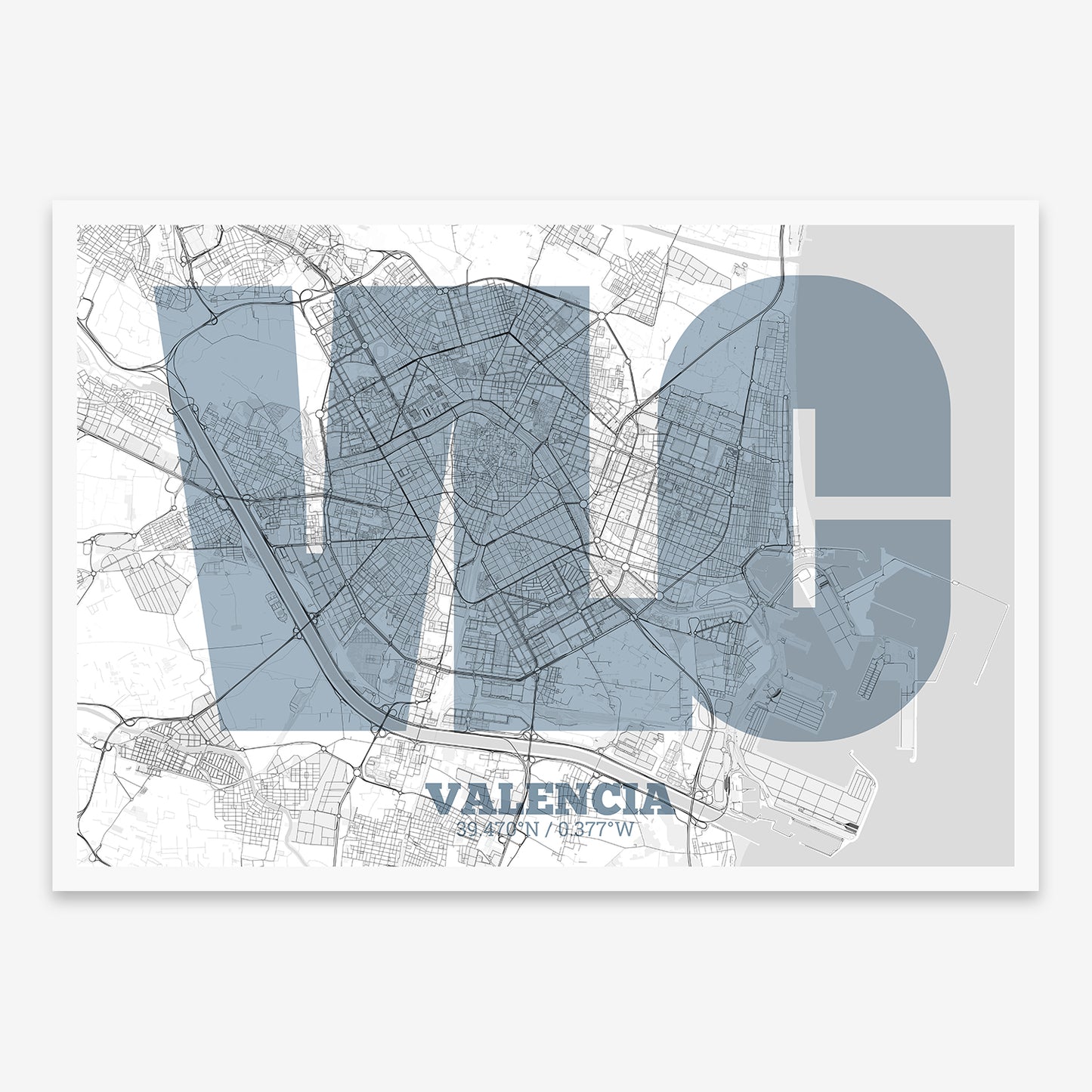 The map of Valencia composed with letters in a heavy geometric font printed on black and white