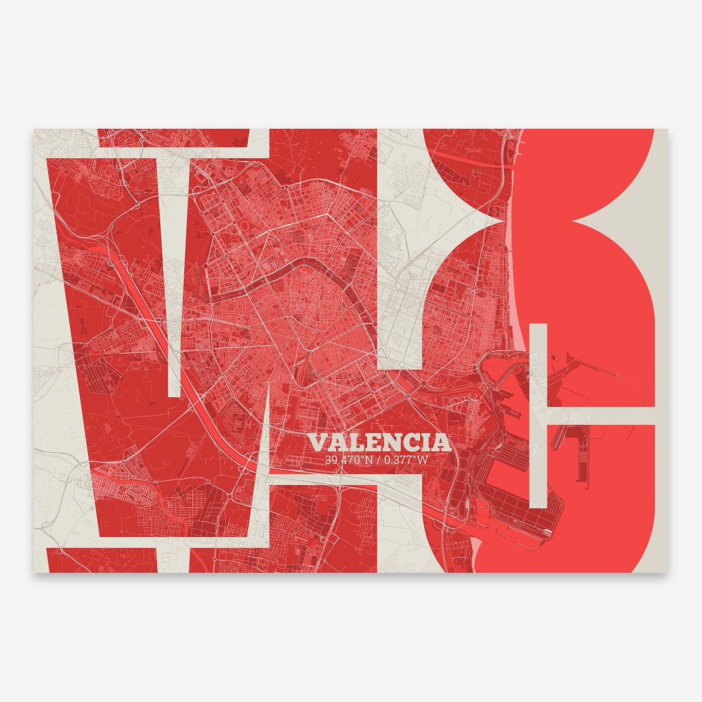 The map of Valencia composed with letters from its name or IATA code printed on red and an off-white background