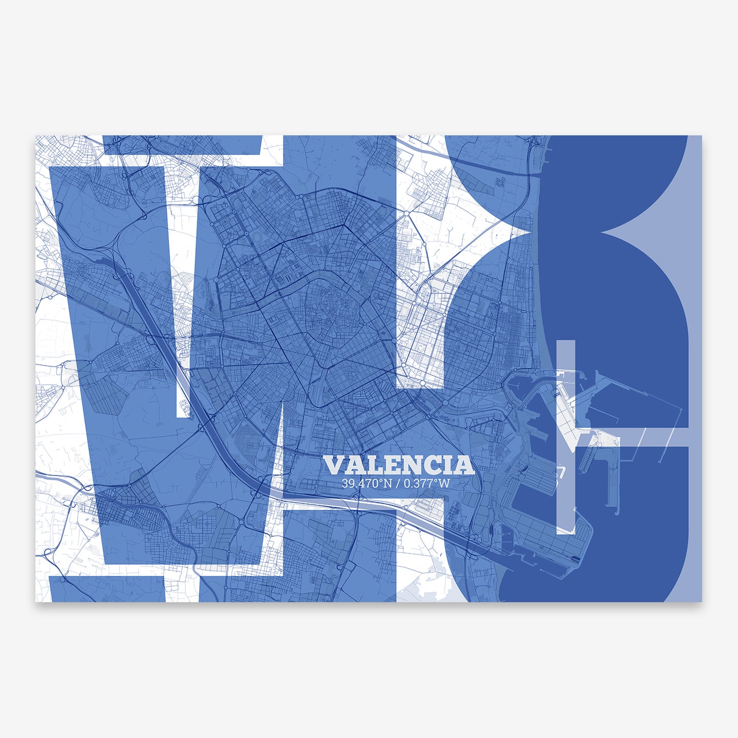 The map of Valencia composed with letters from its name or IATA code printed on navy blue and white