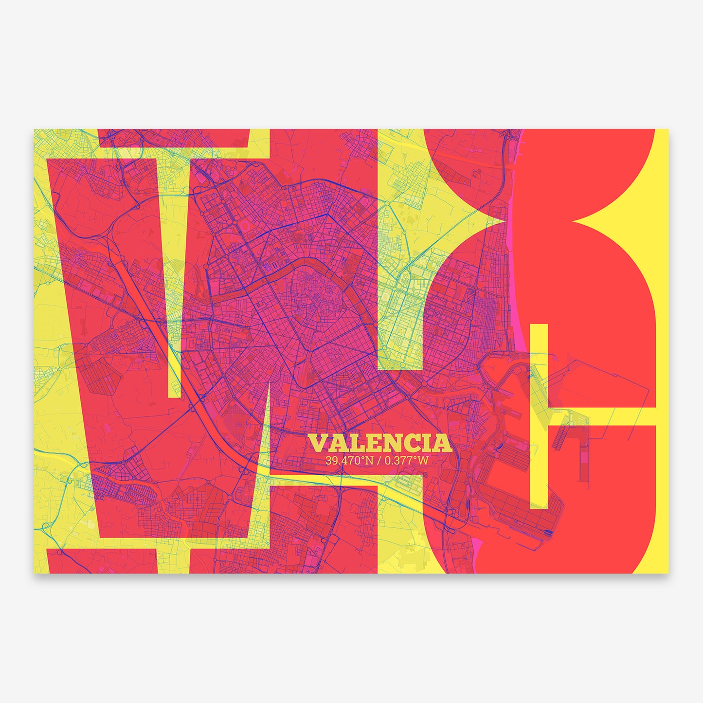 The map of Valencia composed with letters from its name or IATA code printed on yellow and fuchsia