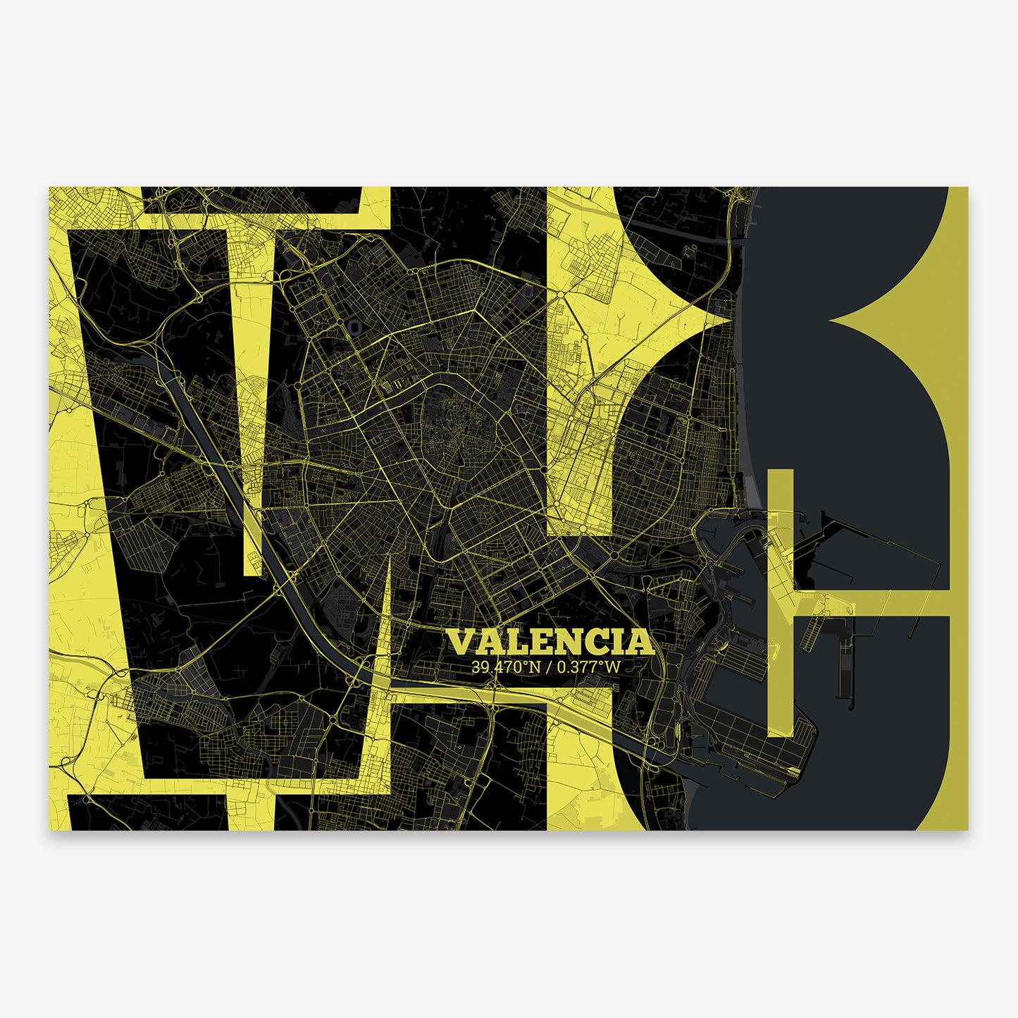 The map of Valencia composed with letters from its name or IATA code printed on black and yellow