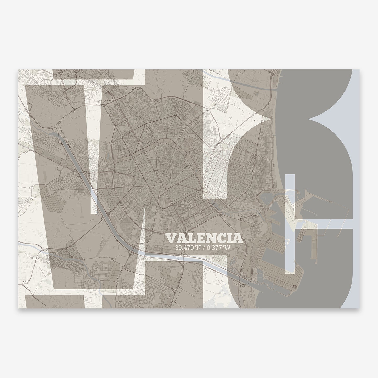 The map of Valencia composed with letters from its name or IATA code printed on light brown and an off-white background