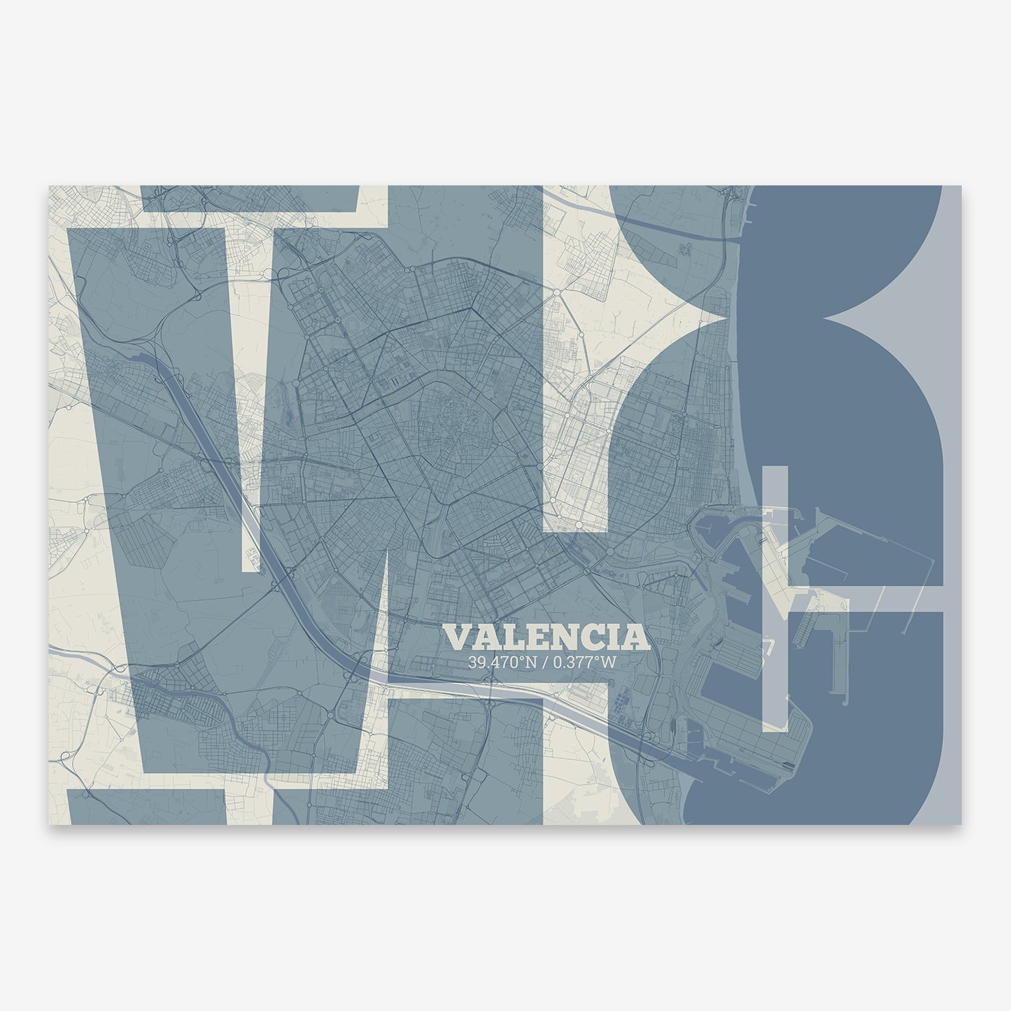 The map of Valencia composed with letters from its name or IATA code printed on bluish gray and an off-white background