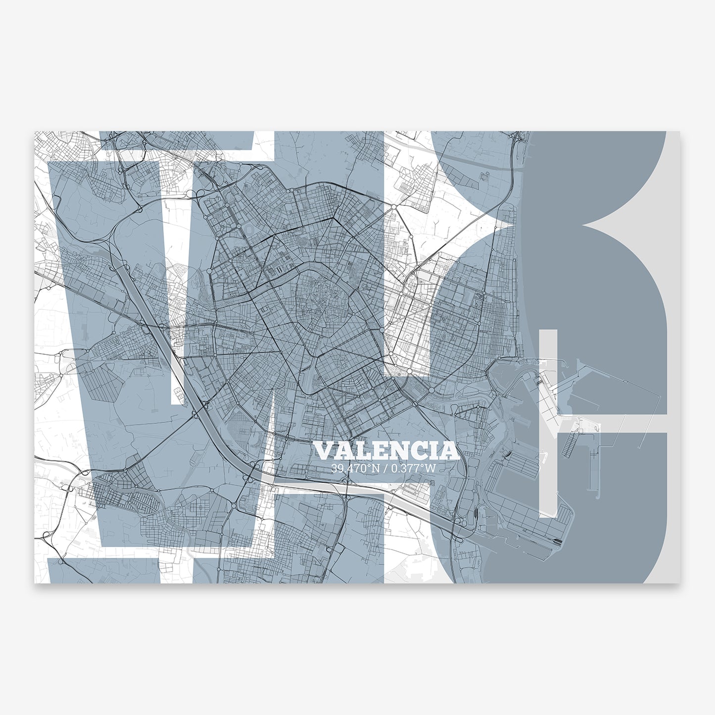 The map of Valencia composed with letters from its name or IATA code printed on black and white