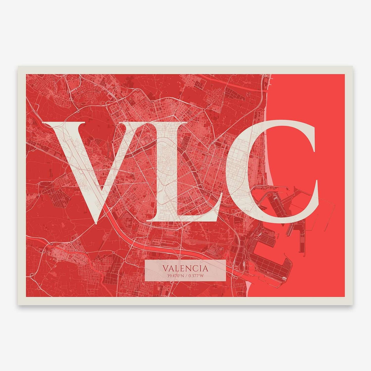 The map of Valencia composed with letters in serif font printed on red and an off-white background